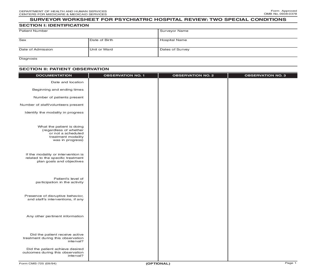 Surveyor Worksheet For Pyschiatric Hospital Review Two Special Conditions {CMS-725} | Pdf Fpdf Doc Docx | Official Federal Forms