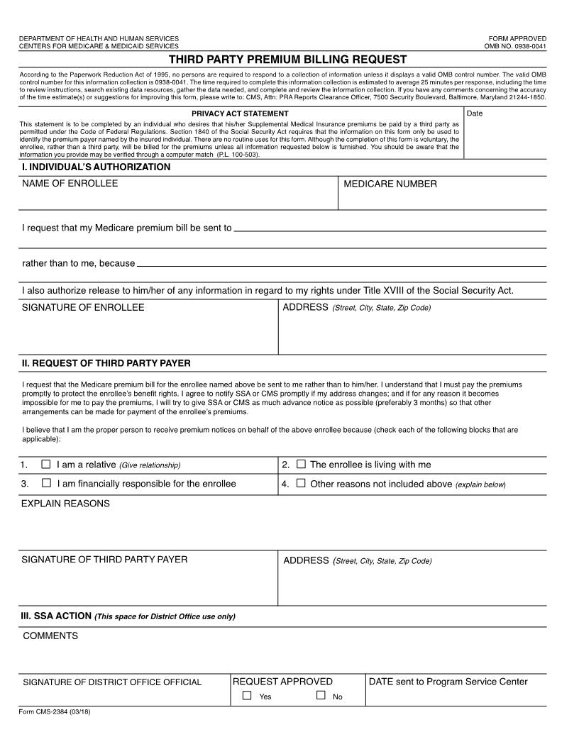 Third Party Premium Billing Request {CMS-2384} | Pdf Fpdf Docx | Official Federal Forms