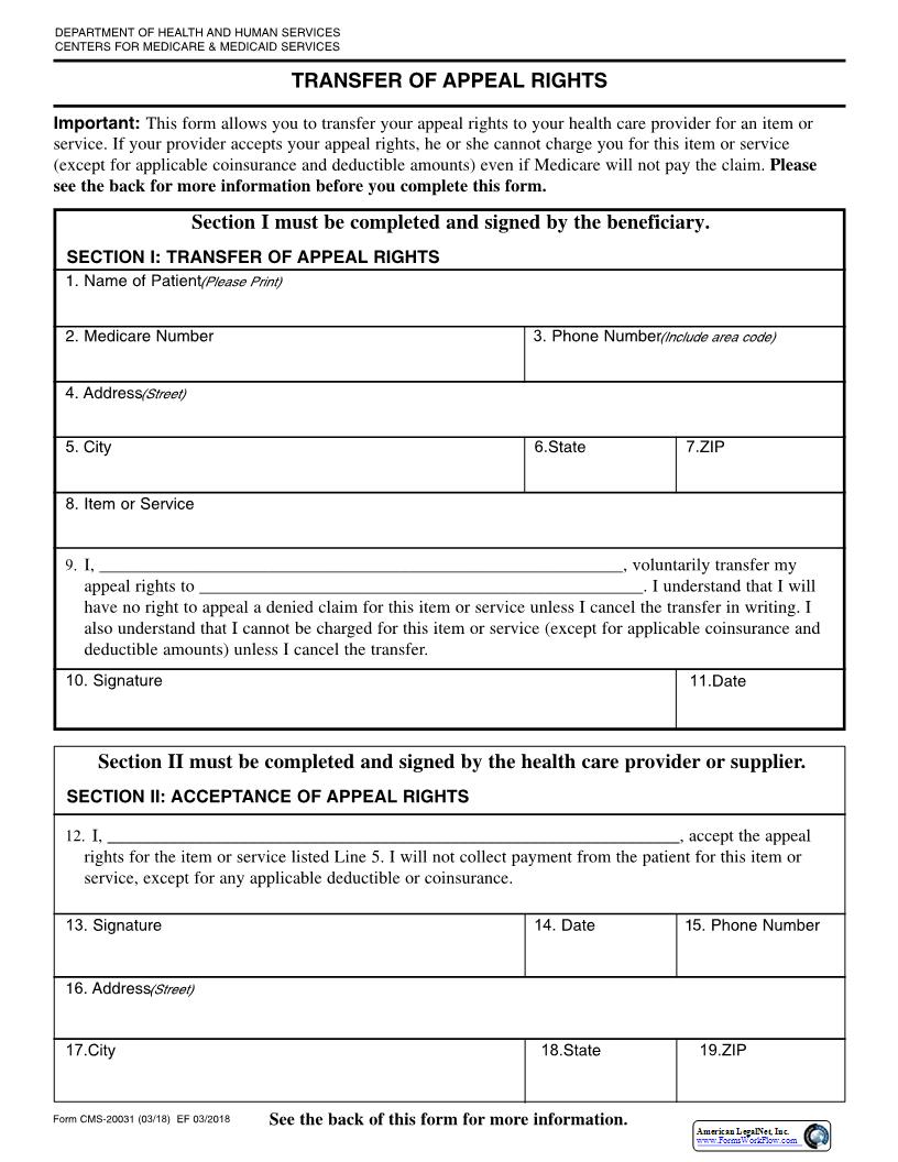Transfer Of Appeal Rights {CMS-20031} | Pdf Fpdf Doc Docx | Official Federal Forms