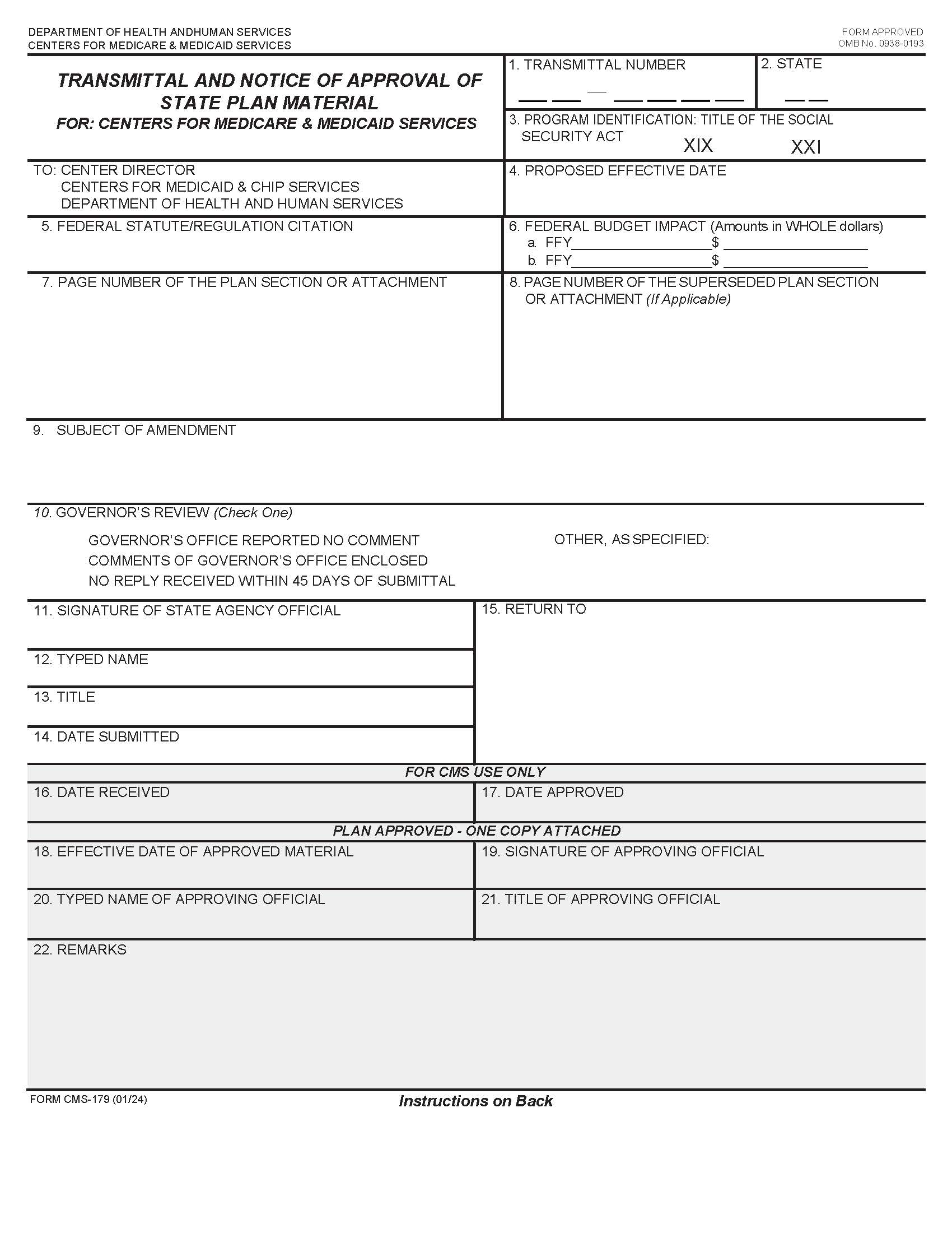 Transmittal And Notice Of Approval Of State Plan Material {CMS-179} | Pdf Fpdf Doc Docx | Official Federal Forms