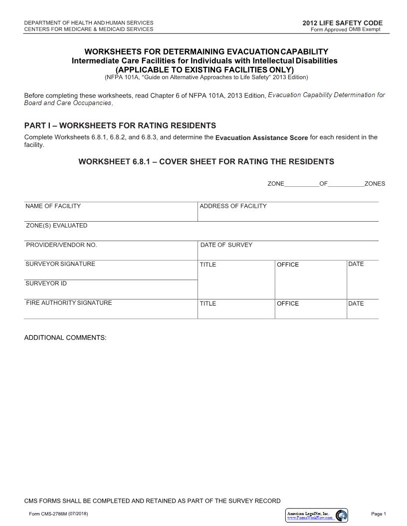 Worksheet For Determining Evacuation Capability ICF IID (Existing Facilities Only) {CMS-2786M} | Pdf Fpdf Docx | Official Federal Forms
