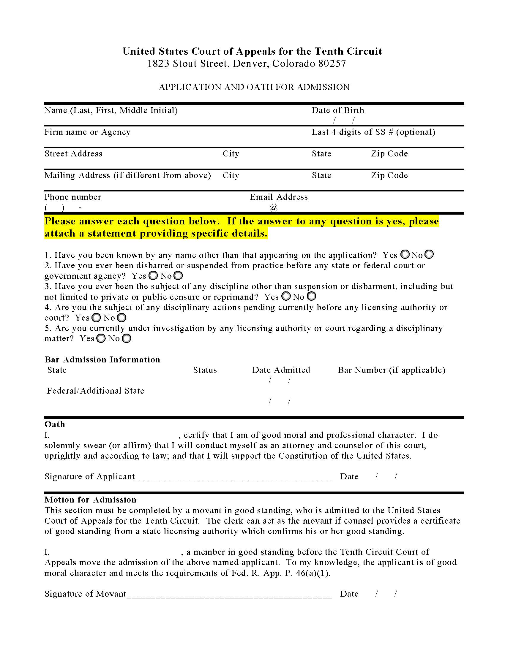 Attorney Admissions Form (Application And Oath For Admission) | Pdf Fpdf Doc Docx | Official Federal Forms