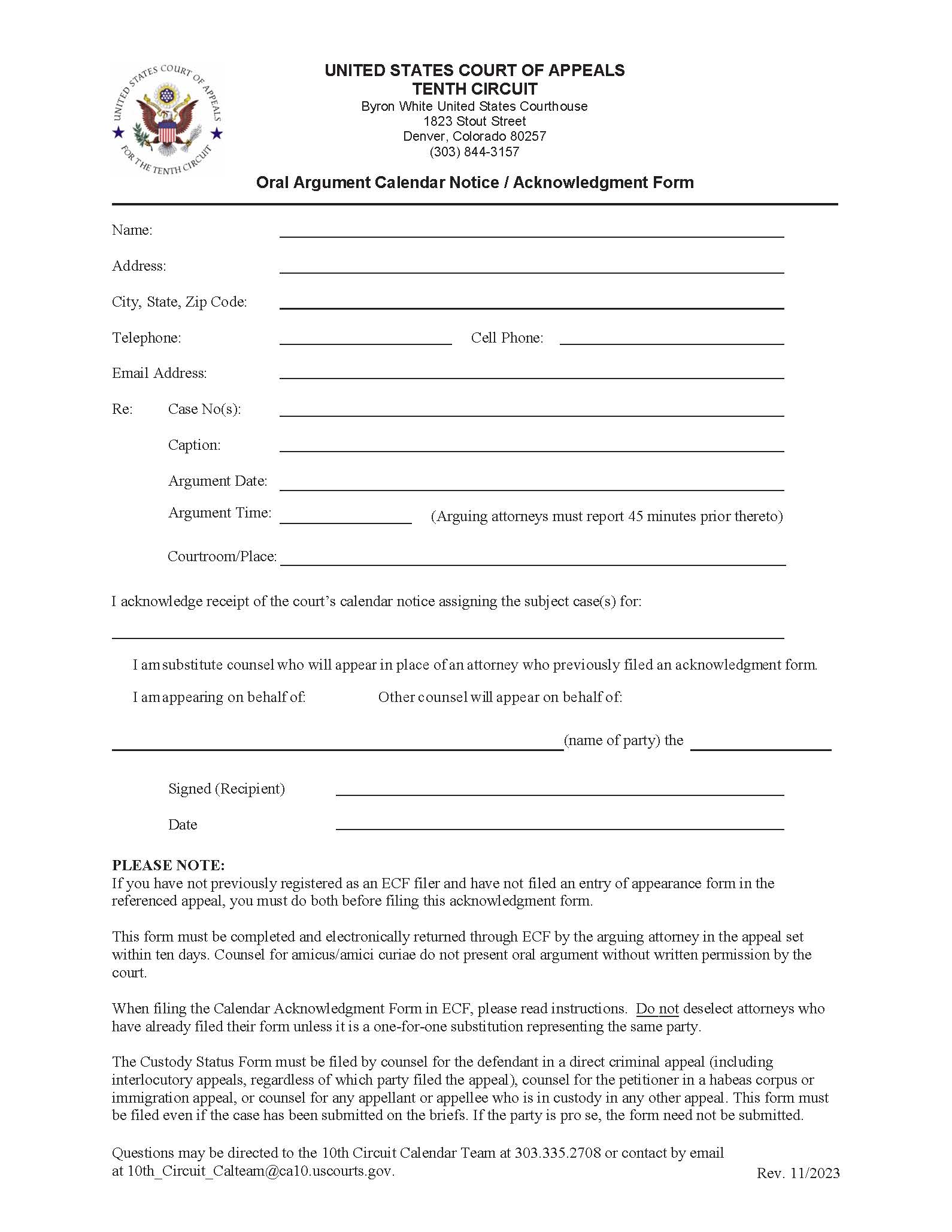 Calendar Acknowledgement Form (Oral Argument Calendar Notice-Acknowledgment Form) | Pdf Fpdf Doc Docx | Official Federal Forms