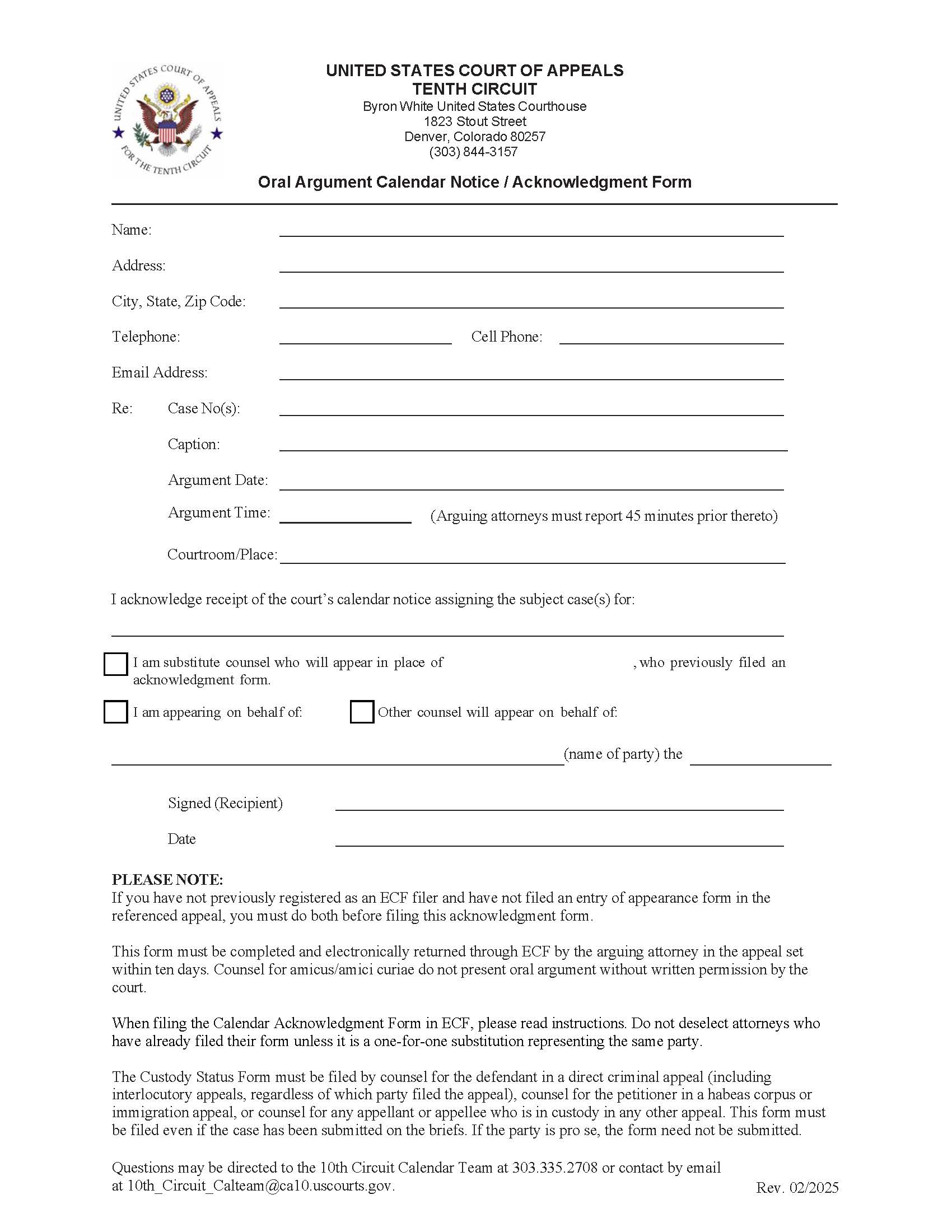 Calendar Acknowledgement Form (Oral Argument Calendar Notice-Acknowledgment Form) | Pdf Fpdf Doc Docx | Official Federal Forms
