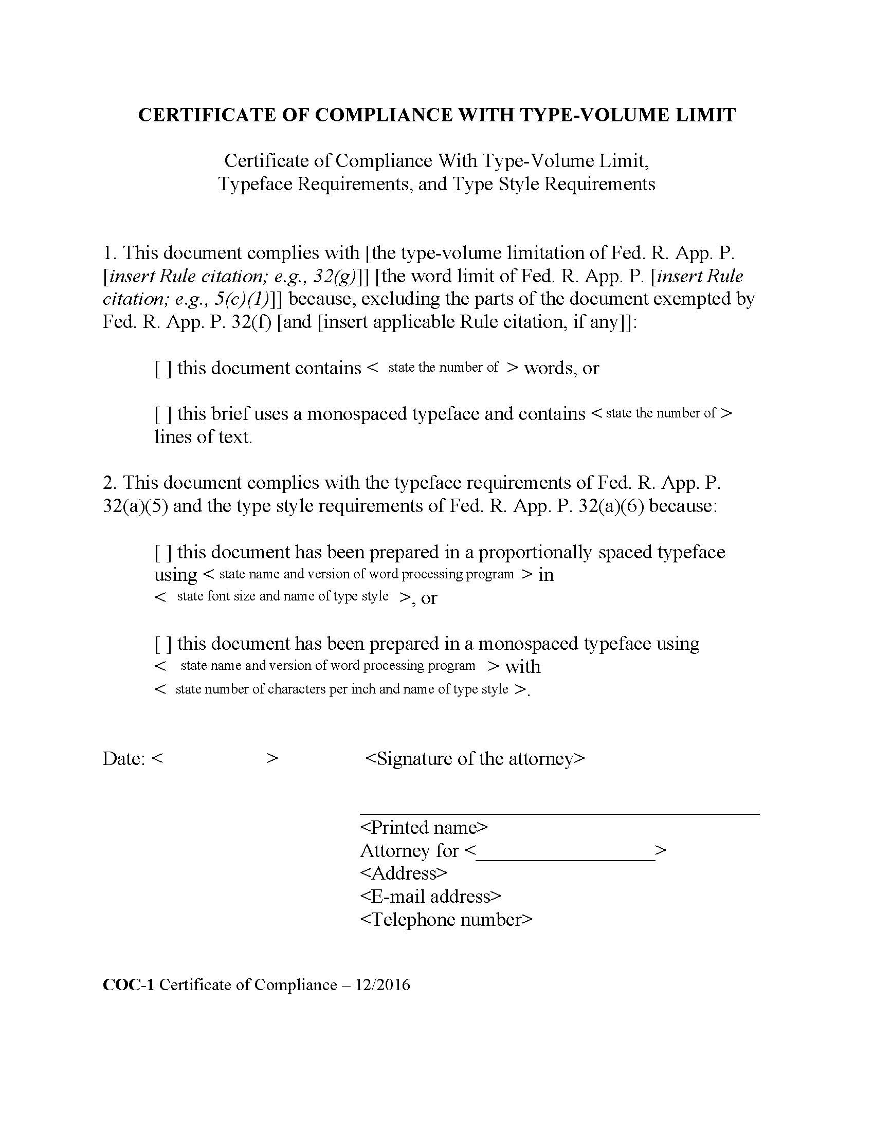 Certificate Of Compliance {COC-1} | Pdf Fpdf Doc Docx | Official Federal Forms