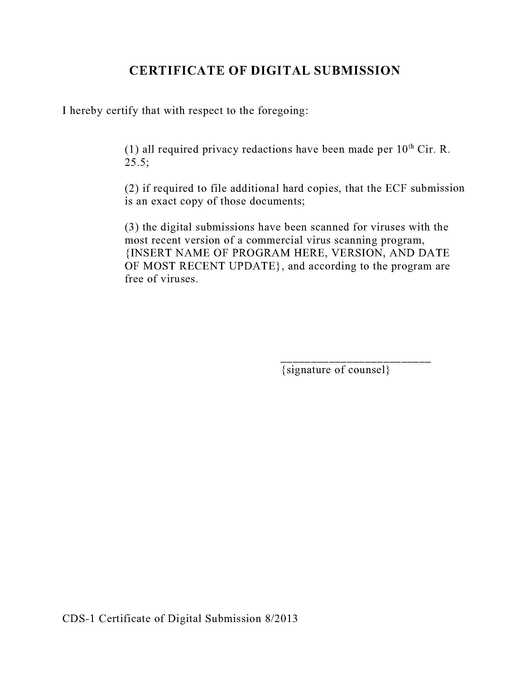 Certificate Of Digital Submission {CDS-1} | Pdf Fpdf Doc Docx | Official Federal Forms