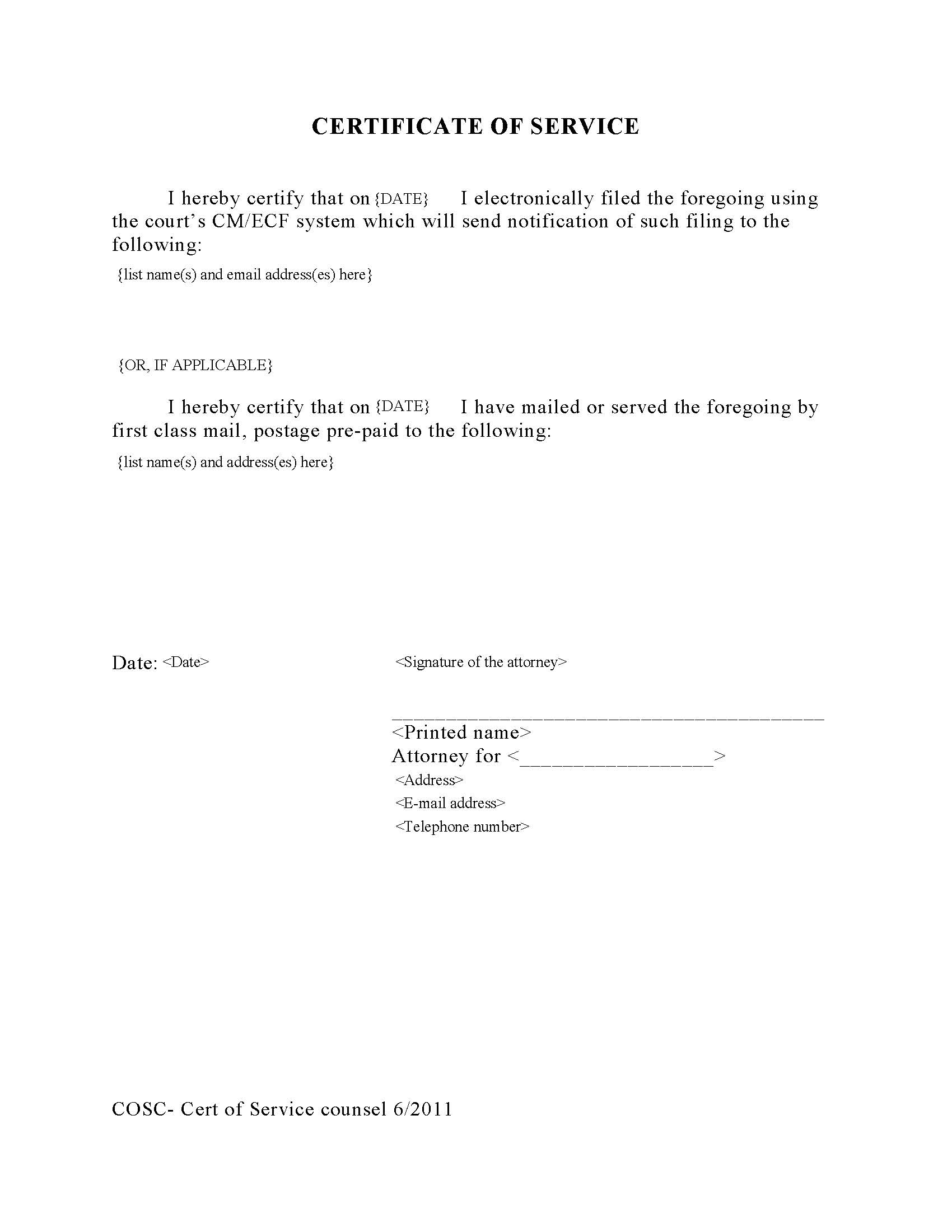 Certificate Of Service (Counsel) {COSC} | Pdf Fpdf Doc Docx | Official Federal Forms
