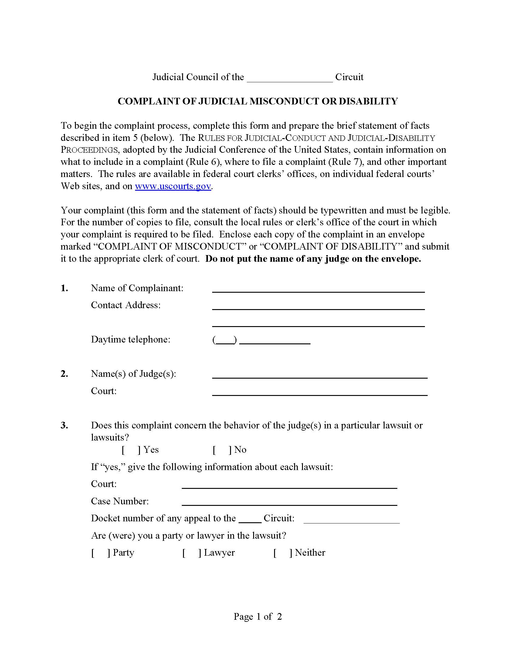 Complaint Of Judicial Misconduct Or Disability | Pdf Fpdf Doc Docx | Official Federal Forms