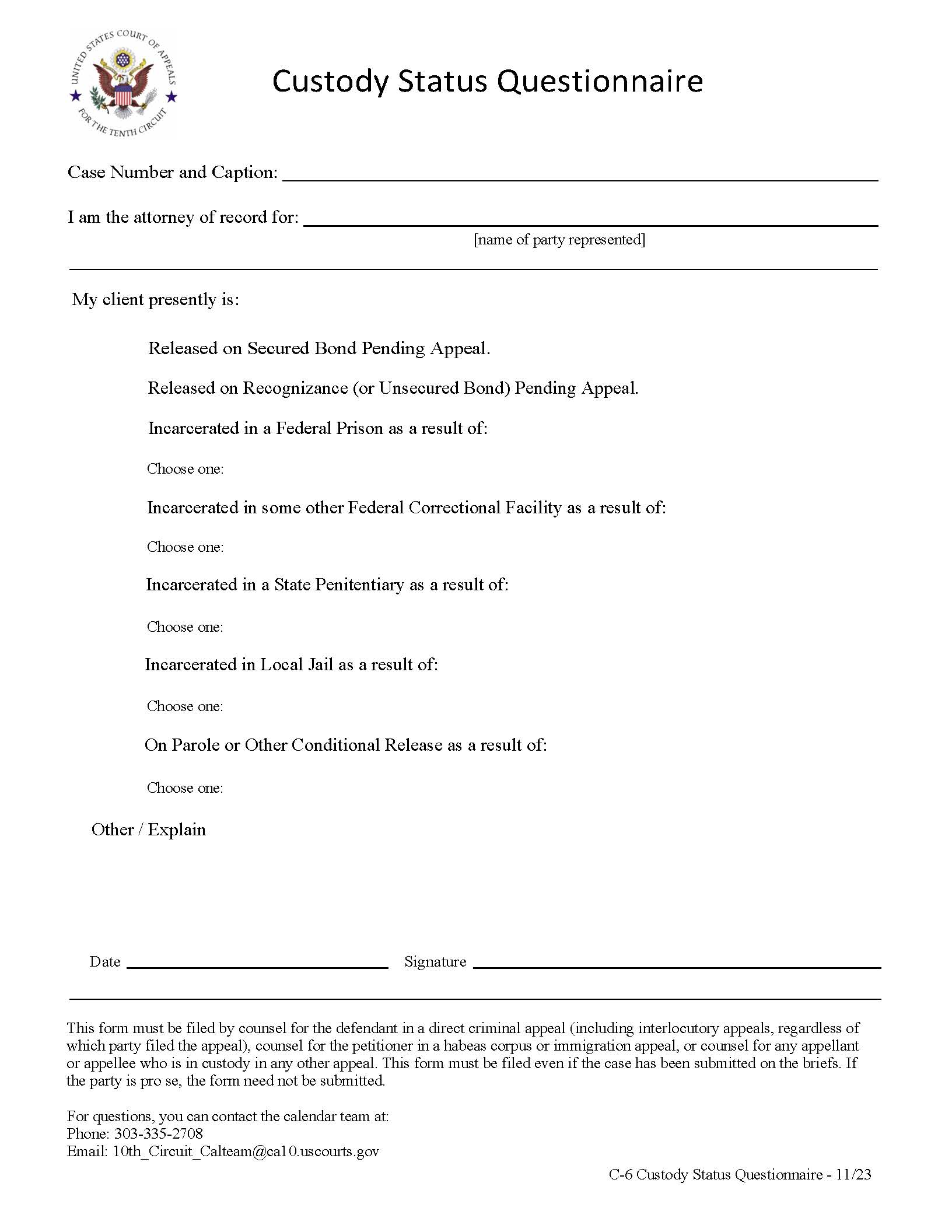 Custody Status Questionnaire {C-6} | Pdf Fpdf Docx | Official Federal Forms