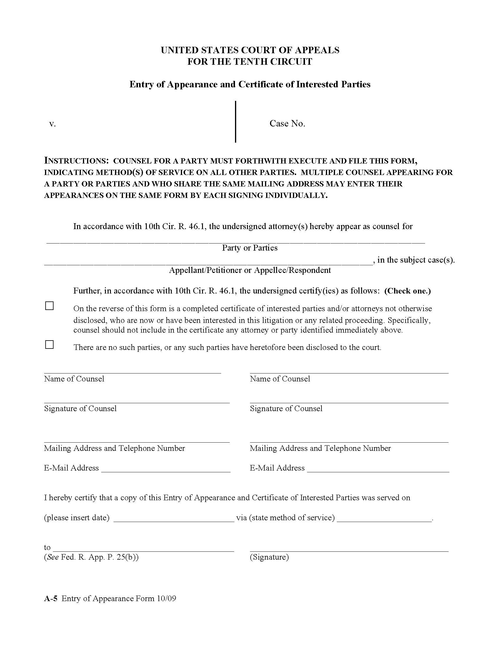 Entry Of Appearance And Certificate Of Interested Parties {A-5} | Pdf Fpdf Doc Docx | Official Federal Forms