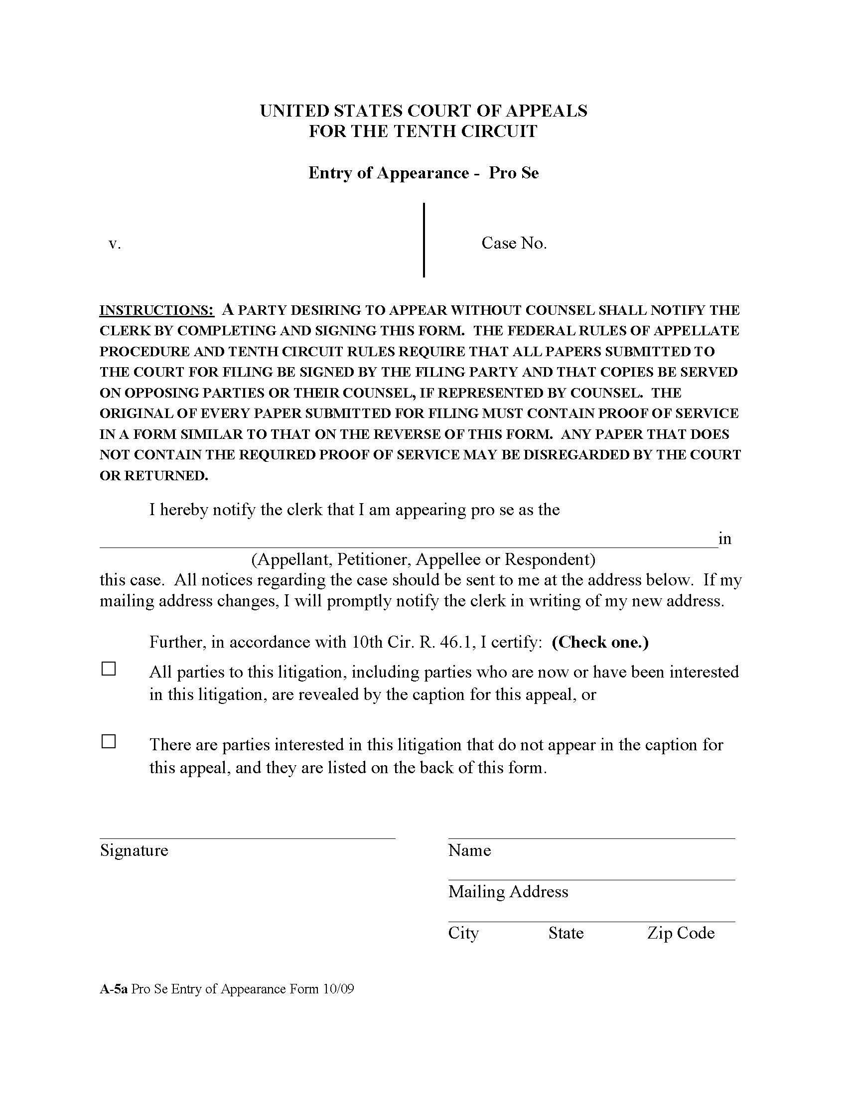 Entry Of Appearance-Pro Se {A-5a} | Pdf Fpdf Doc Docx | Official Federal Forms