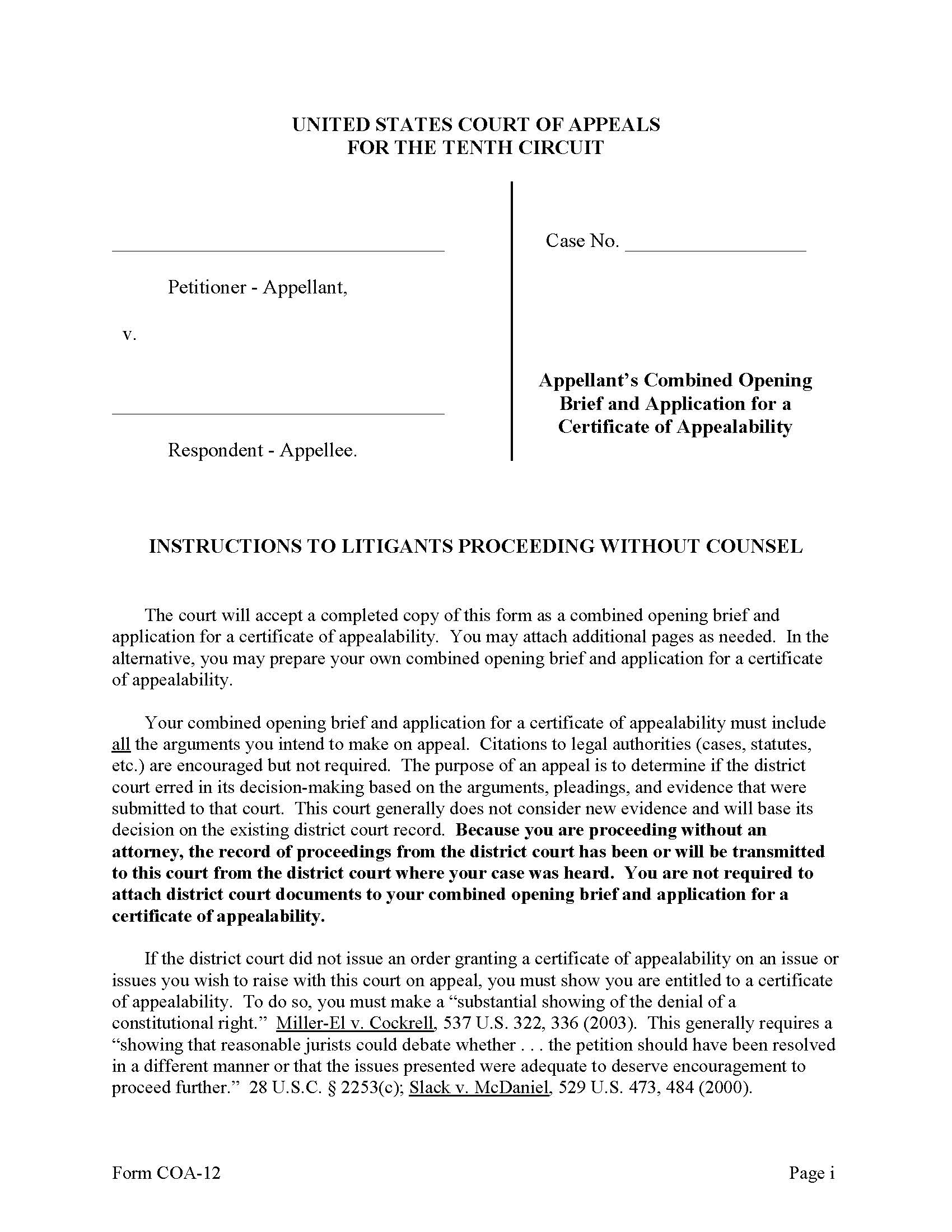 Pro Se Combined Brief And Application For Certificate Of Appealability {COA-12} | Pdf Fpdf Doc Docx | Official Federal Forms