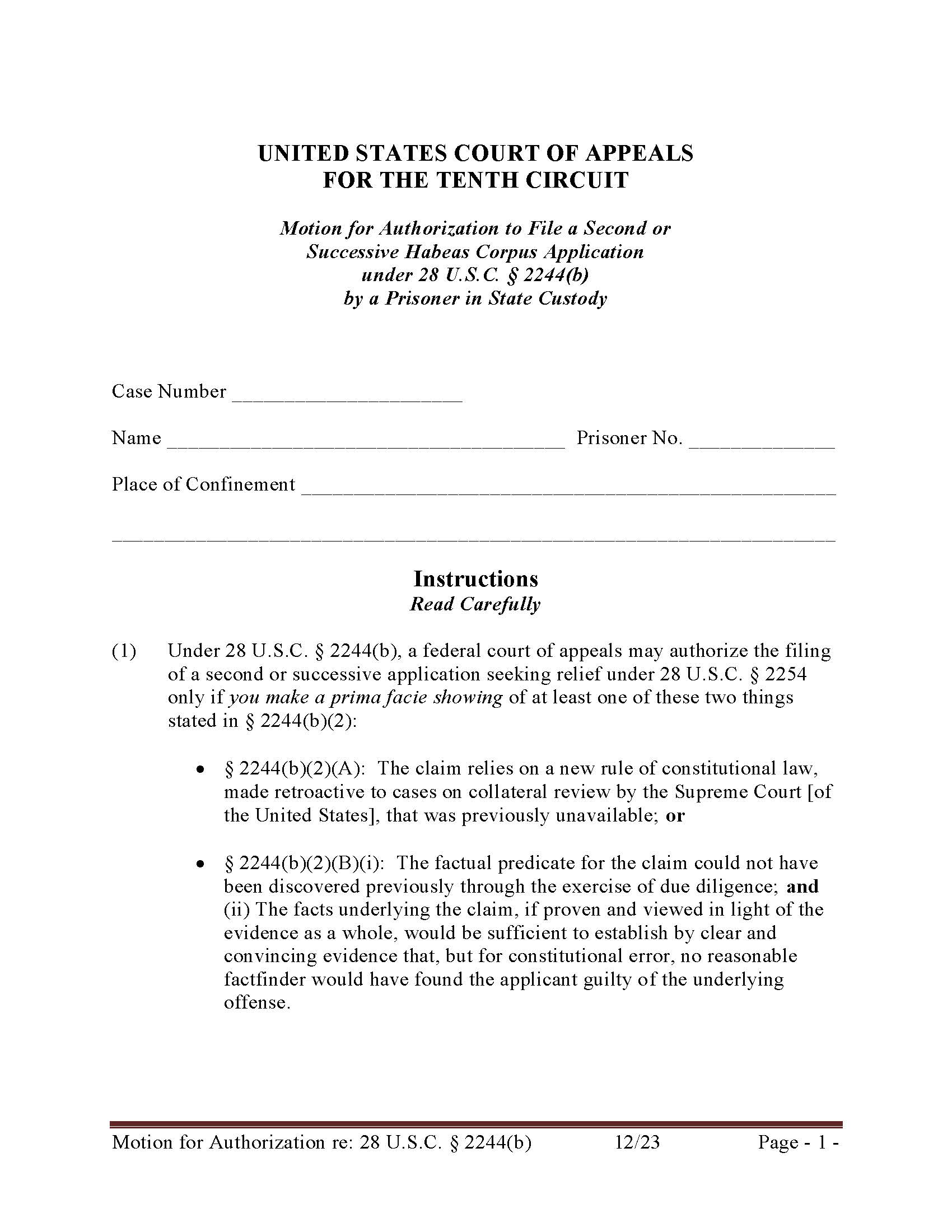 Successive 2244 Form (Motion To File A Second-Habeas Corpus Petition) | Pdf Fpdf Doc Docx | Official Federal Forms
