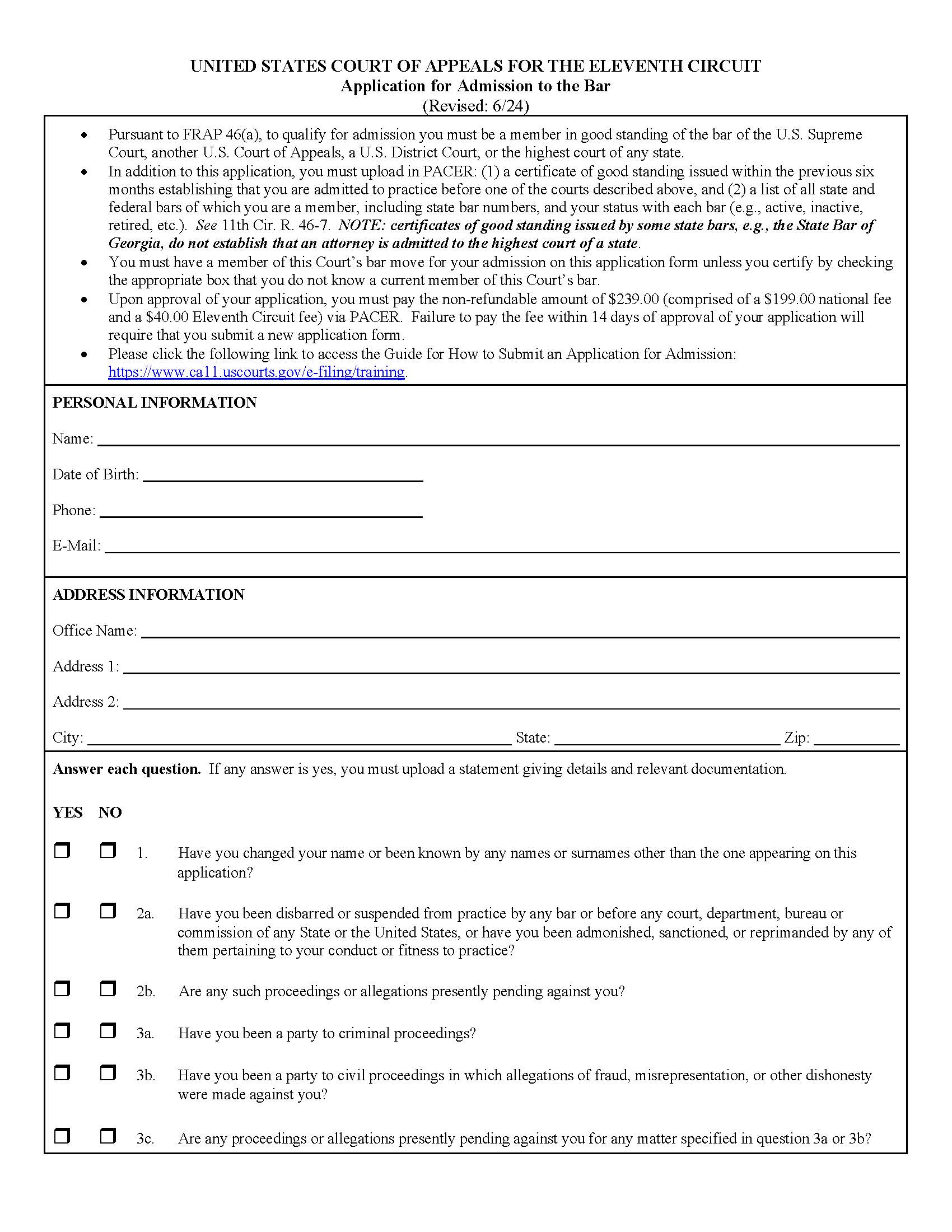 Application For Admission To The Bar (Eleventh Circuit COA) | Pdf Fpdf Docx | Official Federal Forms