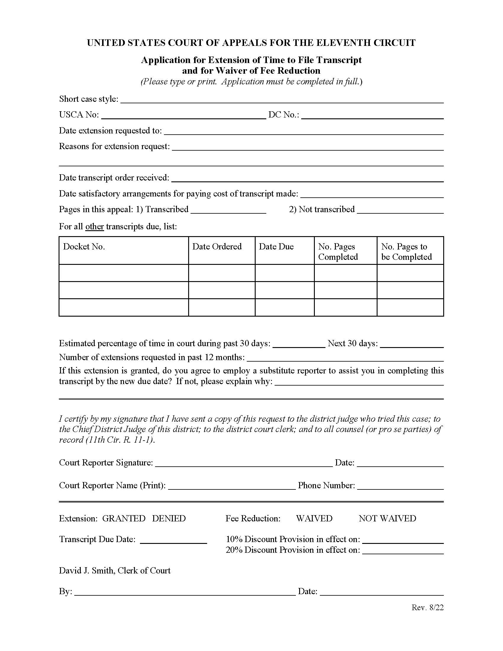 Application For Extension Of Time To File Transcript And For Waiver Of Fee Reduction | Pdf Fpdf Doc Docx | Official Federal Forms