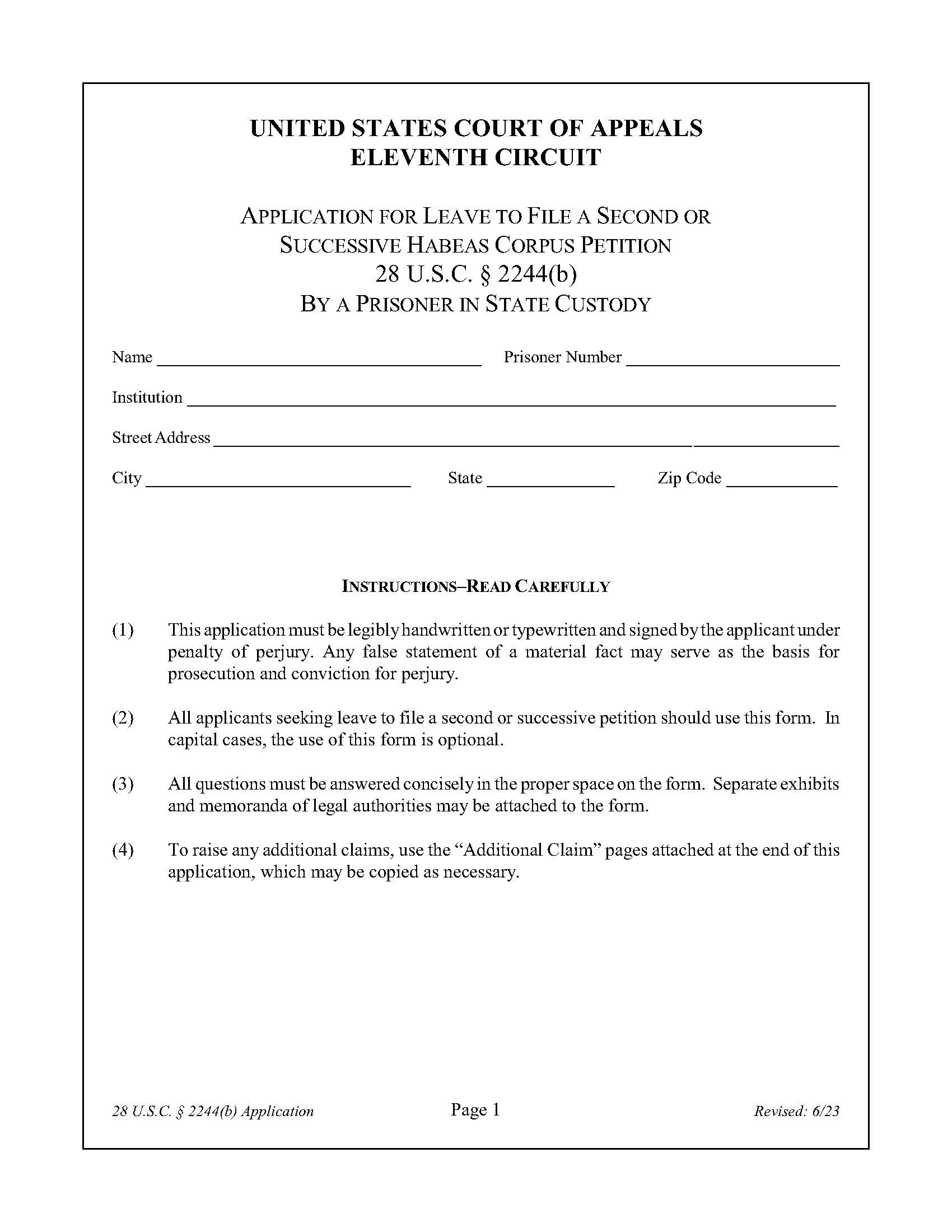 Application For Leave To File A Second Or Successive Habeas Corpus Petition | Pdf Fpdf Doc Docx | Official Federal Forms