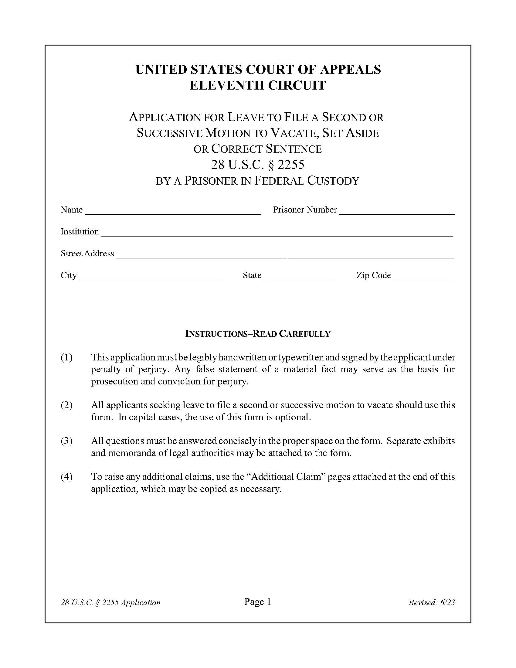 Application For Leave To File A Second Or Successive Motion To Vacate | Pdf Fpdf Doc Docx | Official Federal Forms