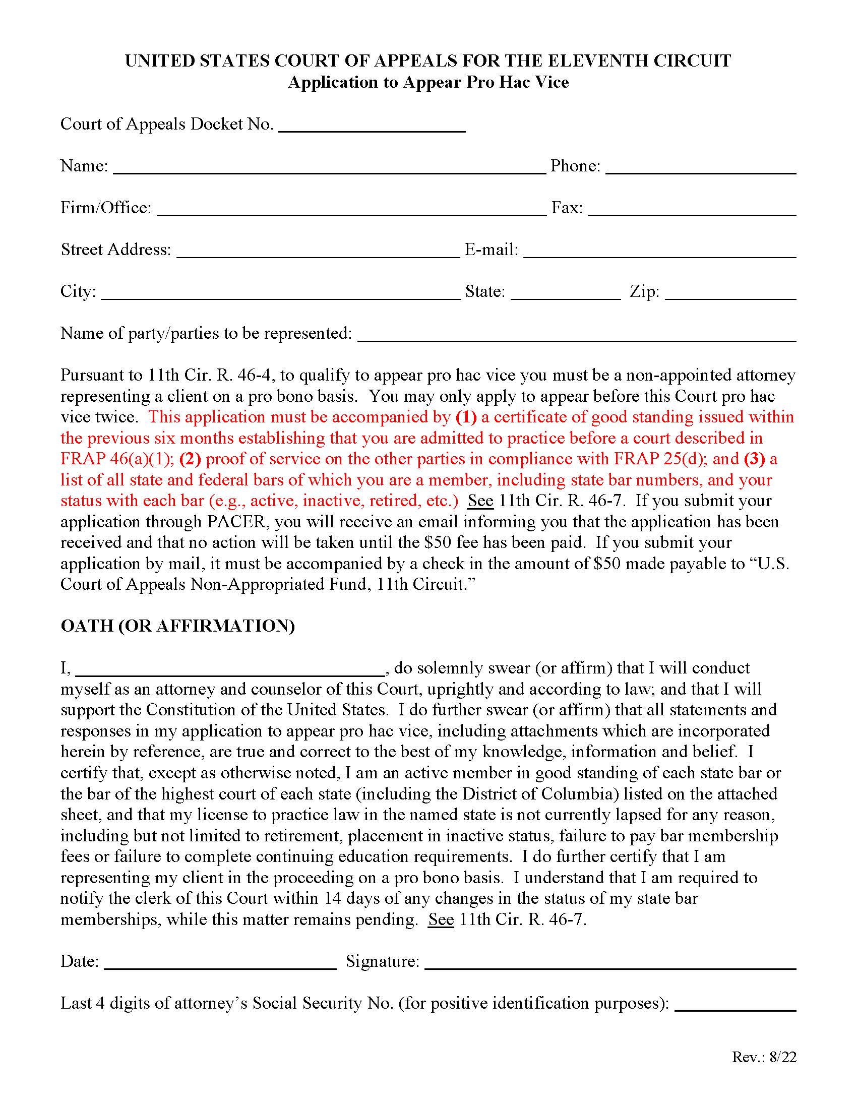 Application To Appear Pro Hac Vice | Pdf Fpdf Docx | Official Federal Forms