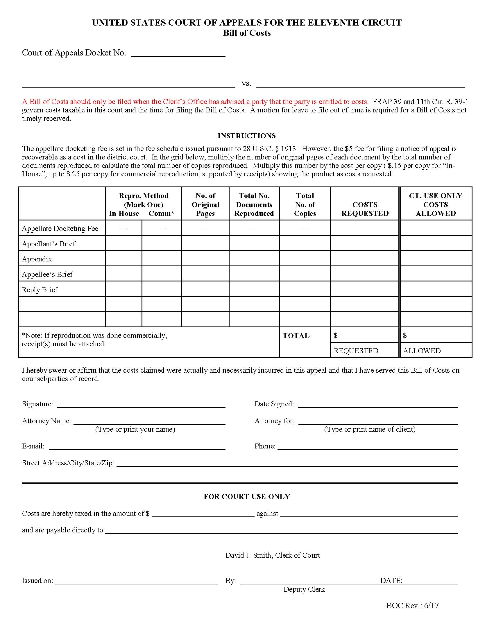 Bill Of Costs (Eleventh Circuit COA) | Pdf Fpdf Doc Docx | Official Federal Forms