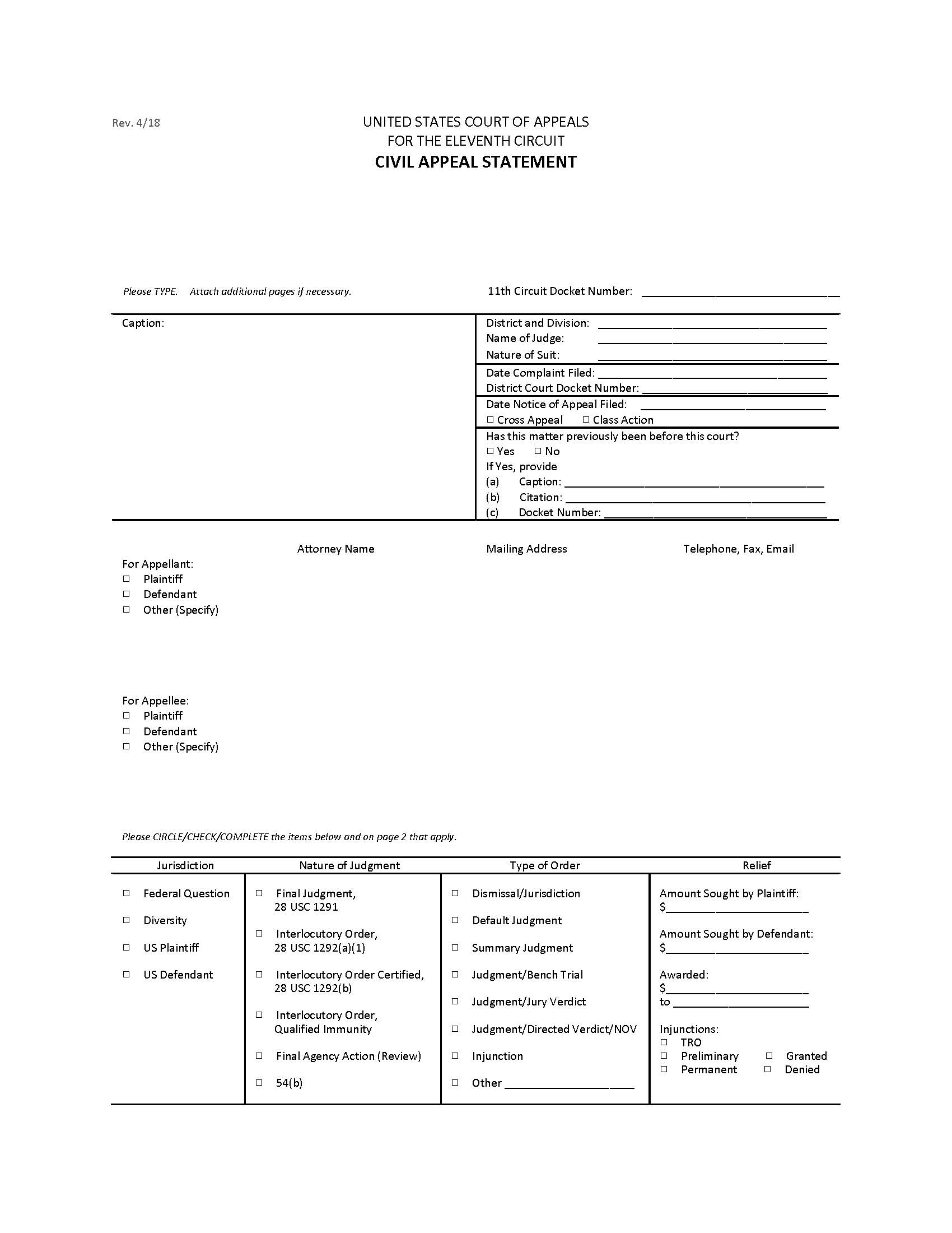 Civil Appeal Statement | Pdf Fpdf Docx | Official Federal Forms