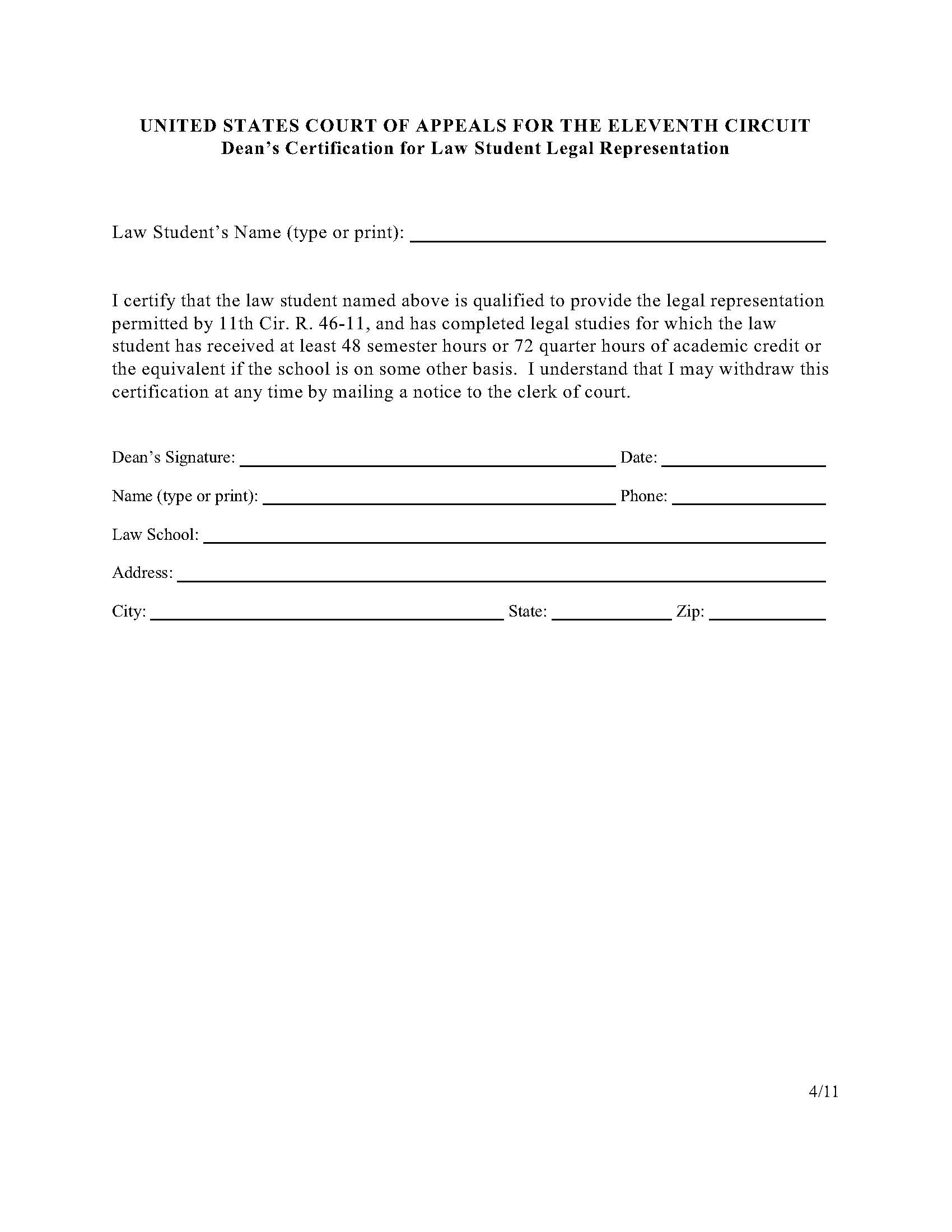 Deans Certification For Law Student Legal Representation | Pdf Fpdf Doc Docx | Official Federal Forms