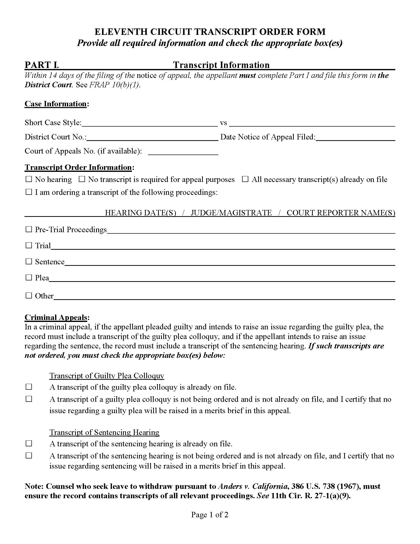 Eleventh Circuit Transcript Order Form | Pdf Fpdf Doc Docx | Official Federal Forms