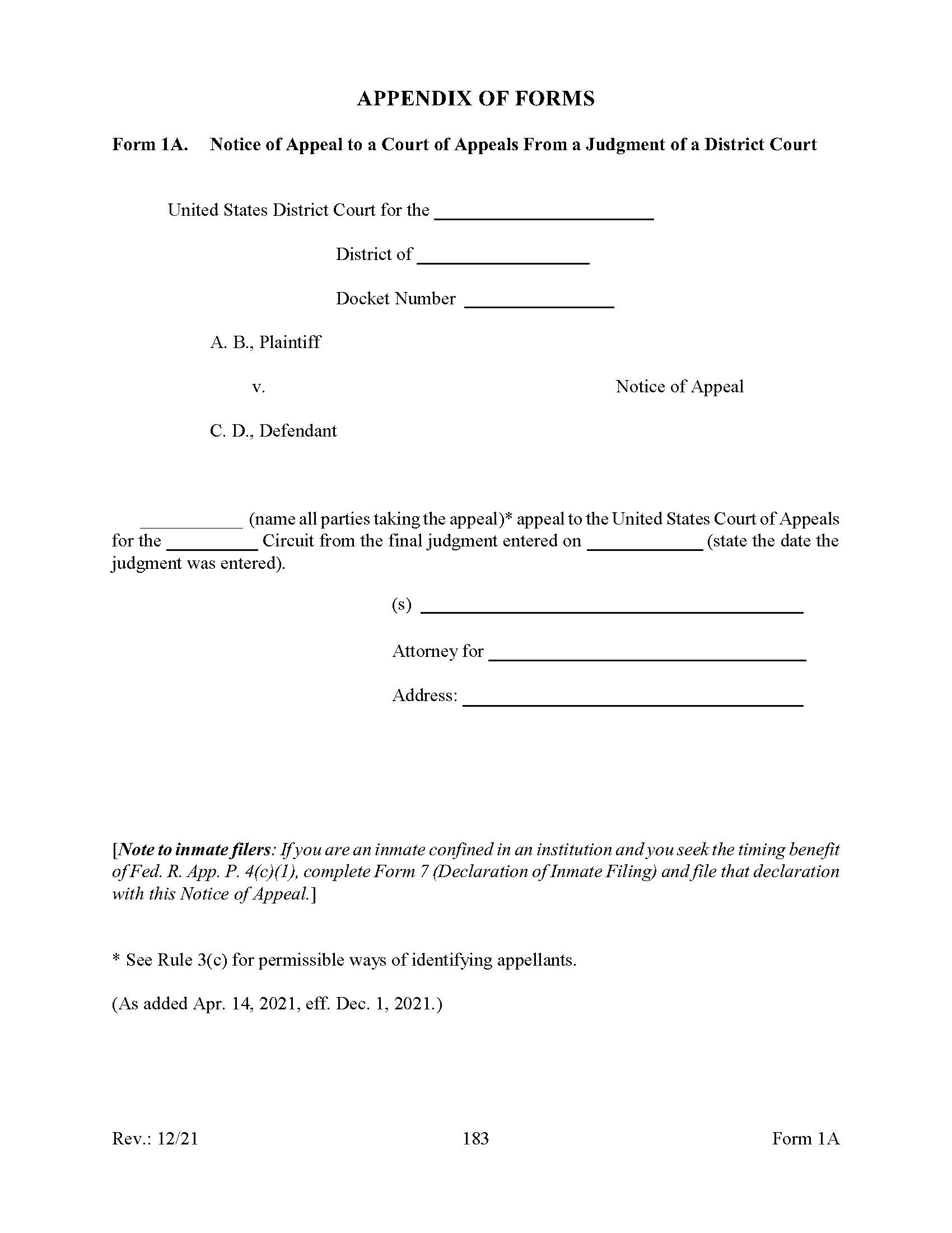 Form 1A Notice Of Appeal To Court Of Appeals From A Judgment Of A District Court {1A} | Pdf Fpdf Docx | Official Federal Forms