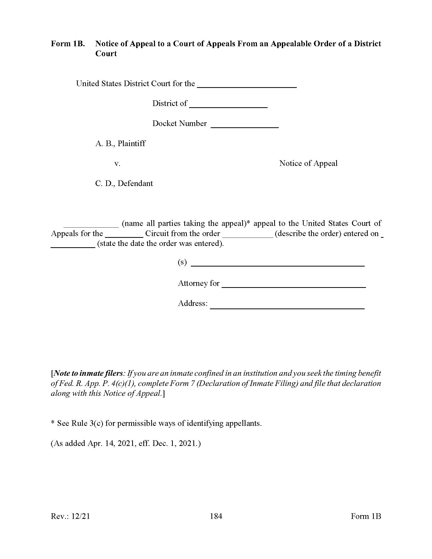 Form 1B Notice Of Appeal To A Court Of Appeals From An Appealable Order Of A District Court {1B} | Pdf Fpdf Docx | Official Federal Forms