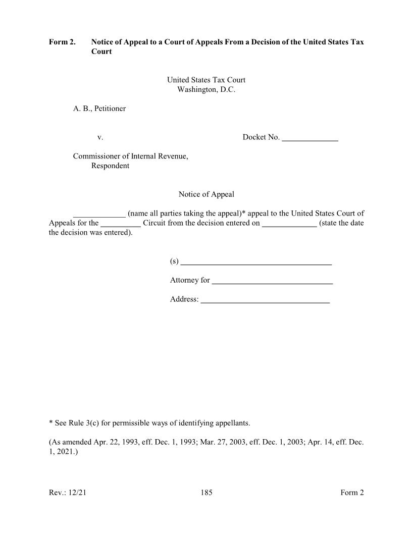 Form 2 Notice Of Appeal To A Court Of Appeals From A Decision Of The United States Tax Court {2} | Pdf Fpdf Doc Docx | Official Federal Forms