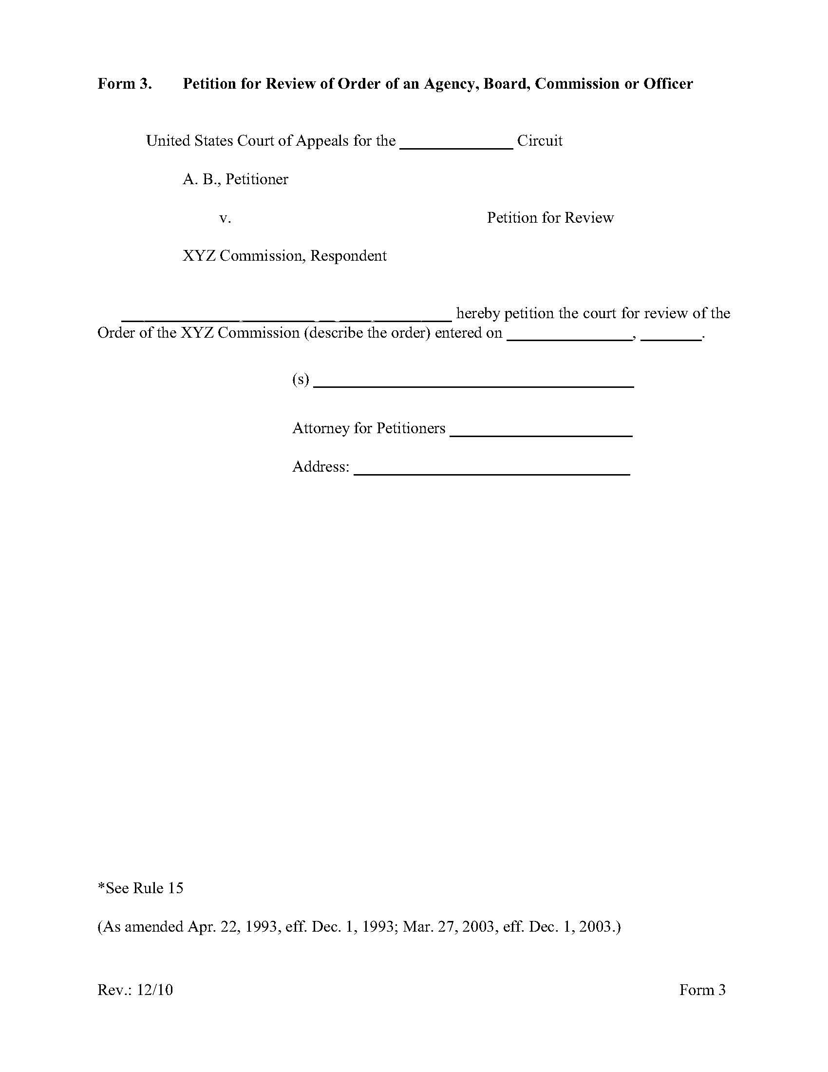 Form 3 Petition For Review Of Order Of An Agency Board Commission Or Officer {3} | Pdf Fpdf Doc Docx | Official Federal Forms