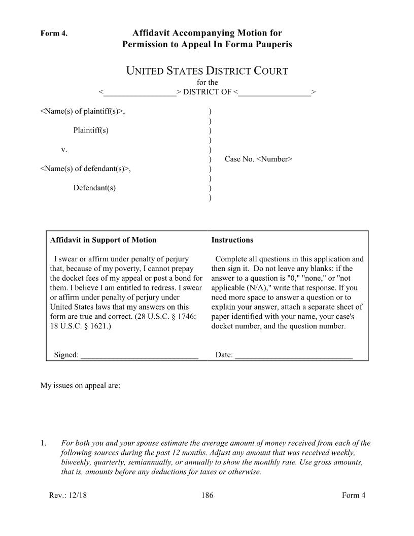 Form 4 Affidavit Accompanying Motion for Permission to Appeal In Forma Pauperis {4} | Pdf Fpdf Doc Docx | Official Federal Forms