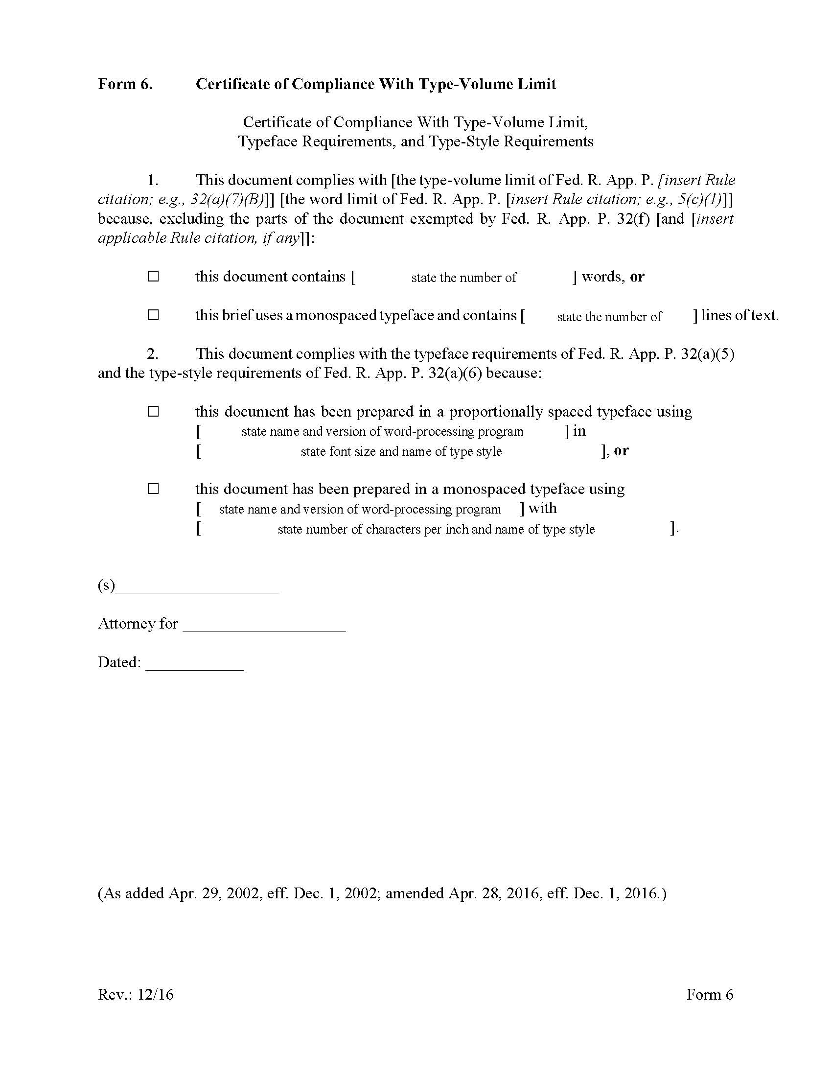 Form 6 Certificate Of Compliance With Rule 32(a) {6} | Pdf Fpdf Doc Docx | Official Federal Forms