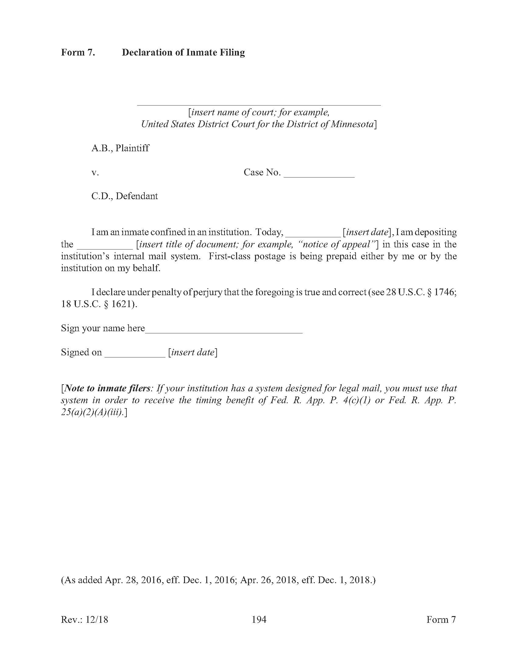 Form 7 Declaration Of Inmate Filing {7} | Pdf Fpdf Doc Docx | Official Federal Forms