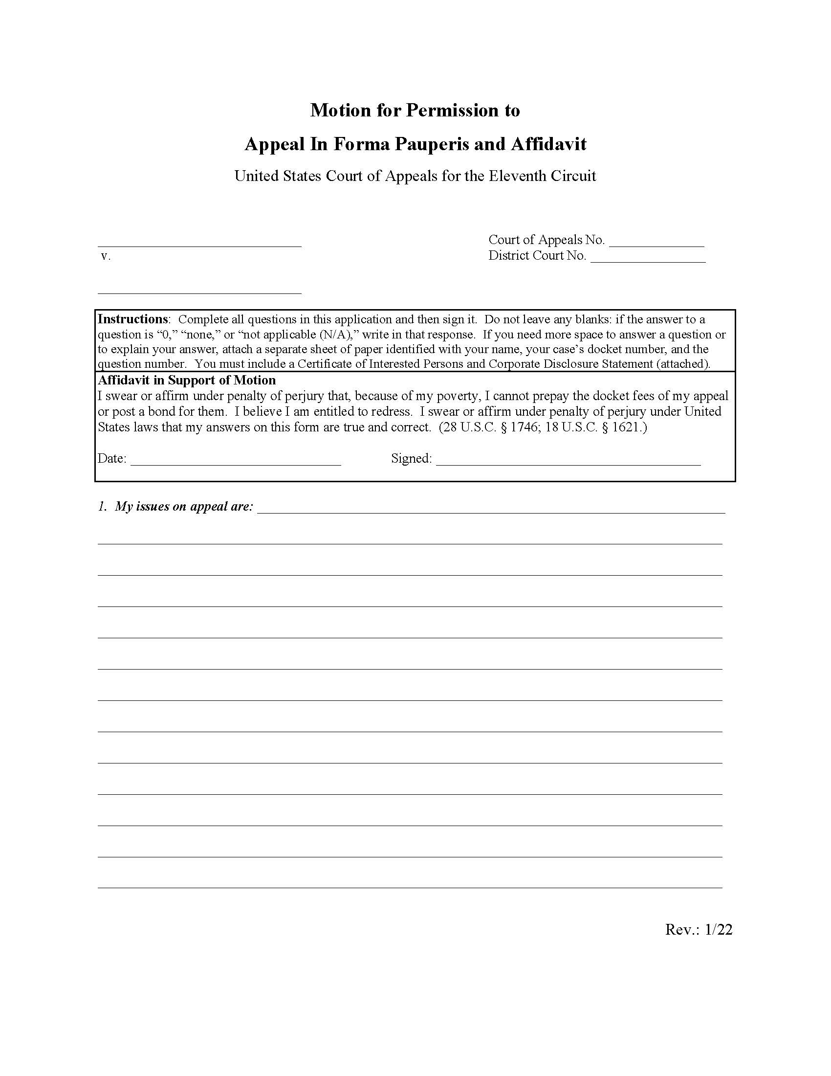 Motion For Permission To Appeal In Forma Pauperis And Affidavit | Pdf Fpdf Docx | Official Federal Forms