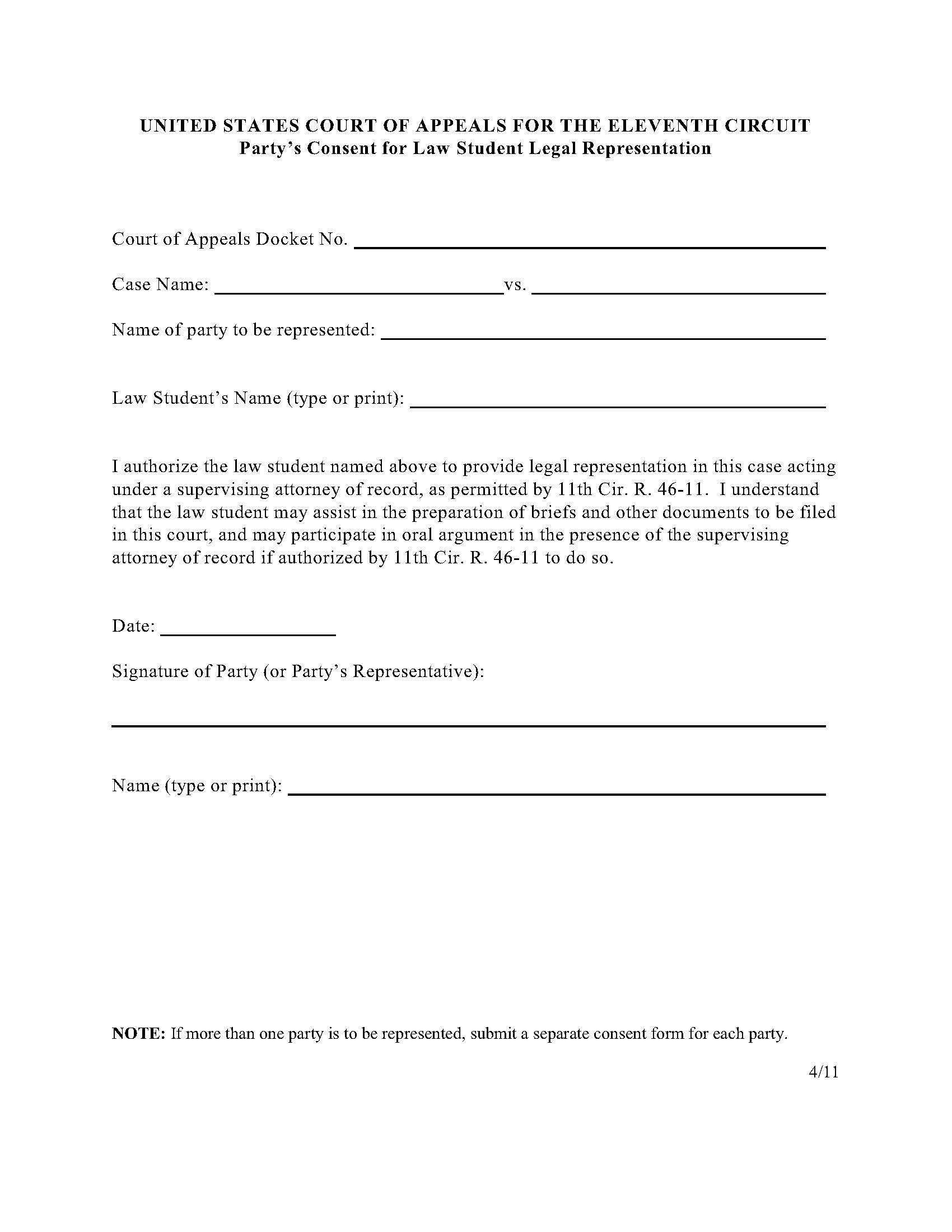 Partys Consent For Law Student Representation | Pdf Fpdf Doc Docx | Official Federal Forms