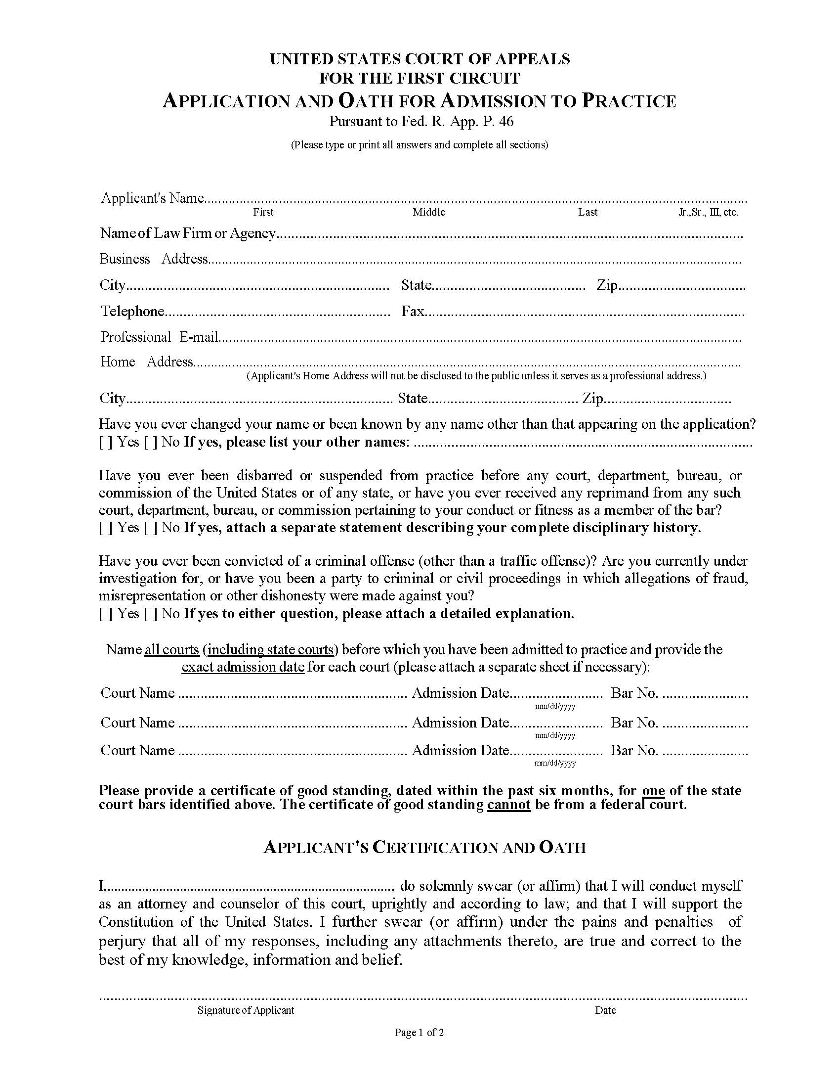 Application And Oath For Admission To Practice (First Circuit COA) | Pdf Fpdf Docx | Official Federal Forms