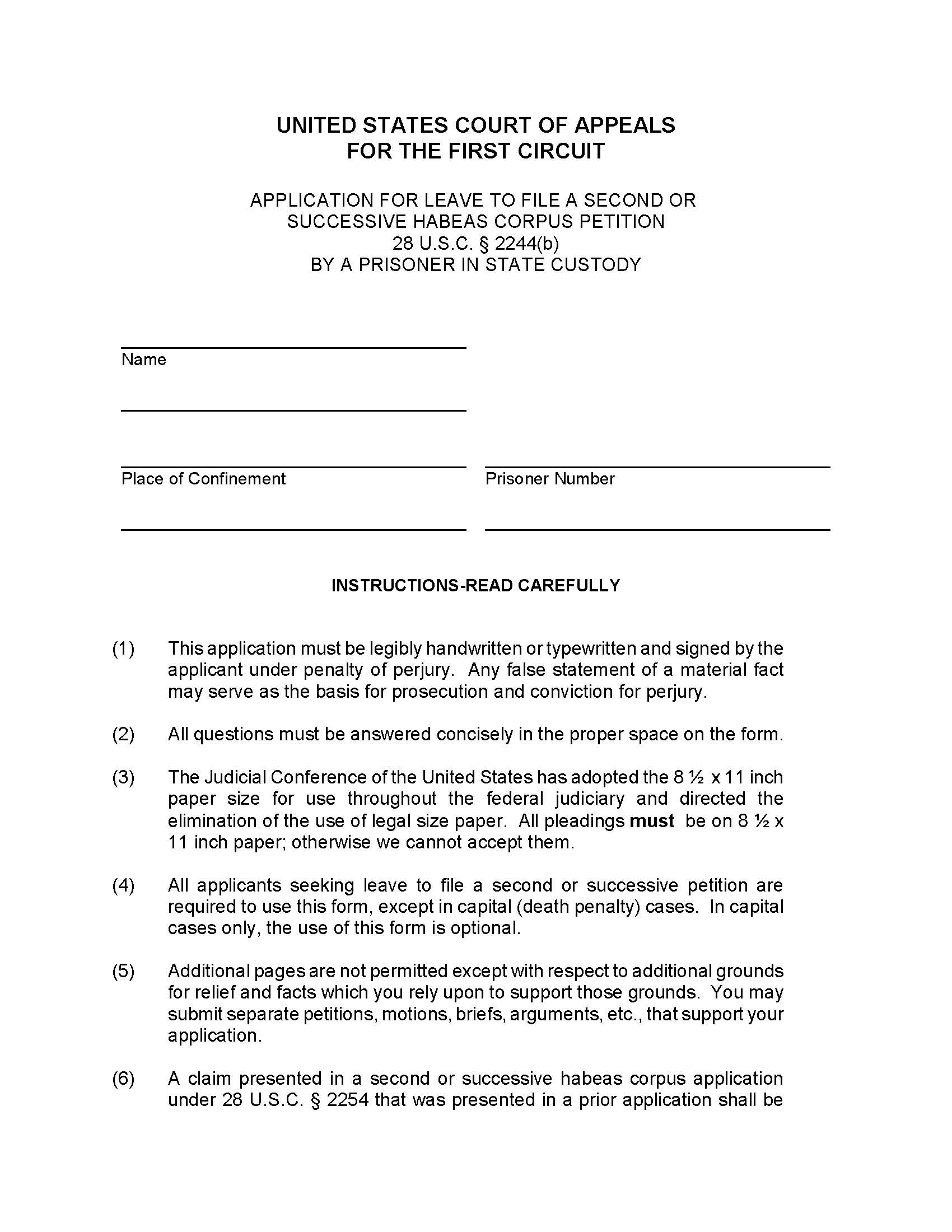 Application To File A Second Or Successive Habeas Corpus Petition By A Prisoner In State Custody | Pdf Fpdf Doc Docx | Official Federal Forms