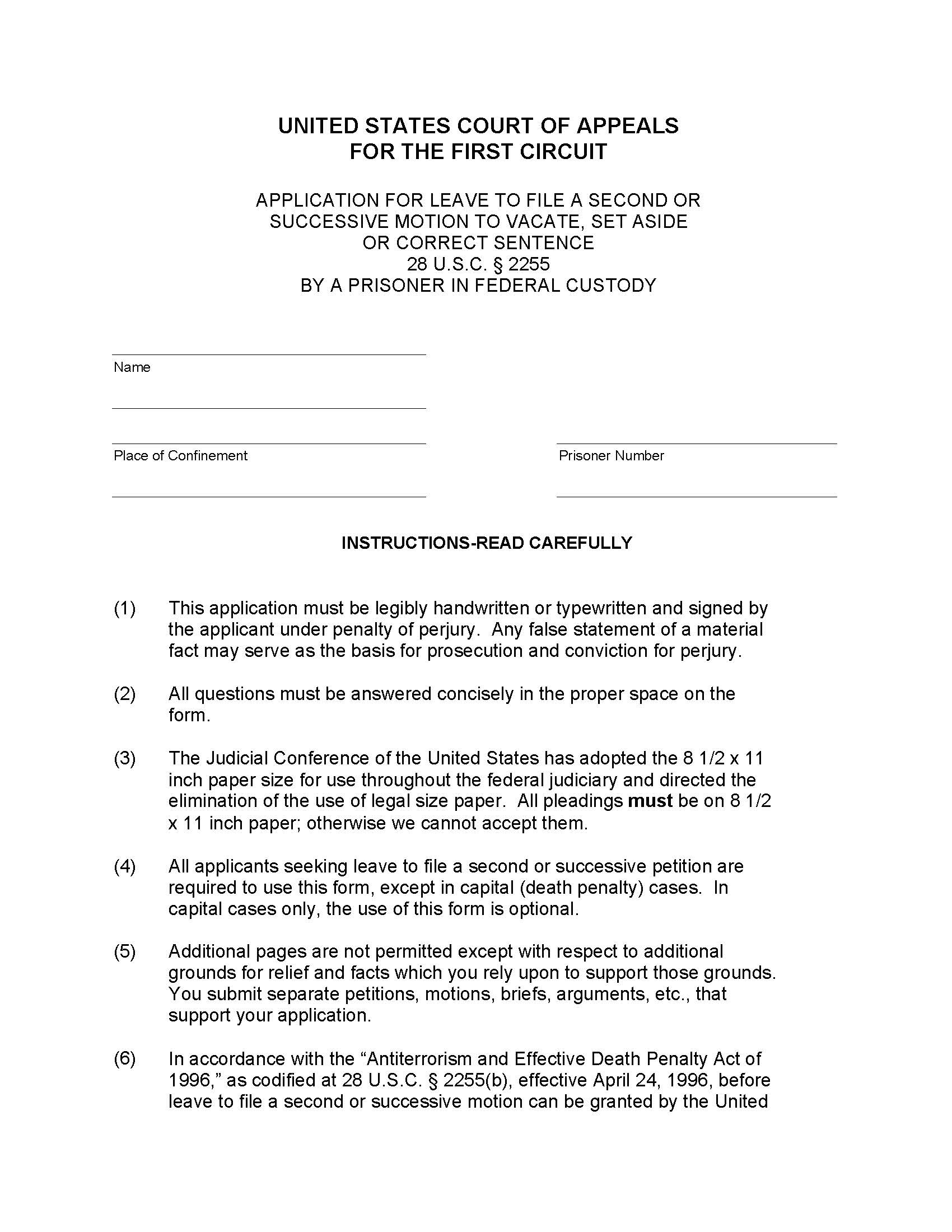 Application To File A Second Or Successive Motion To Vacate Set Aside By A Prisoner In Federal Custody | Pdf Fpdf Doc Docx | Official Federal Forms