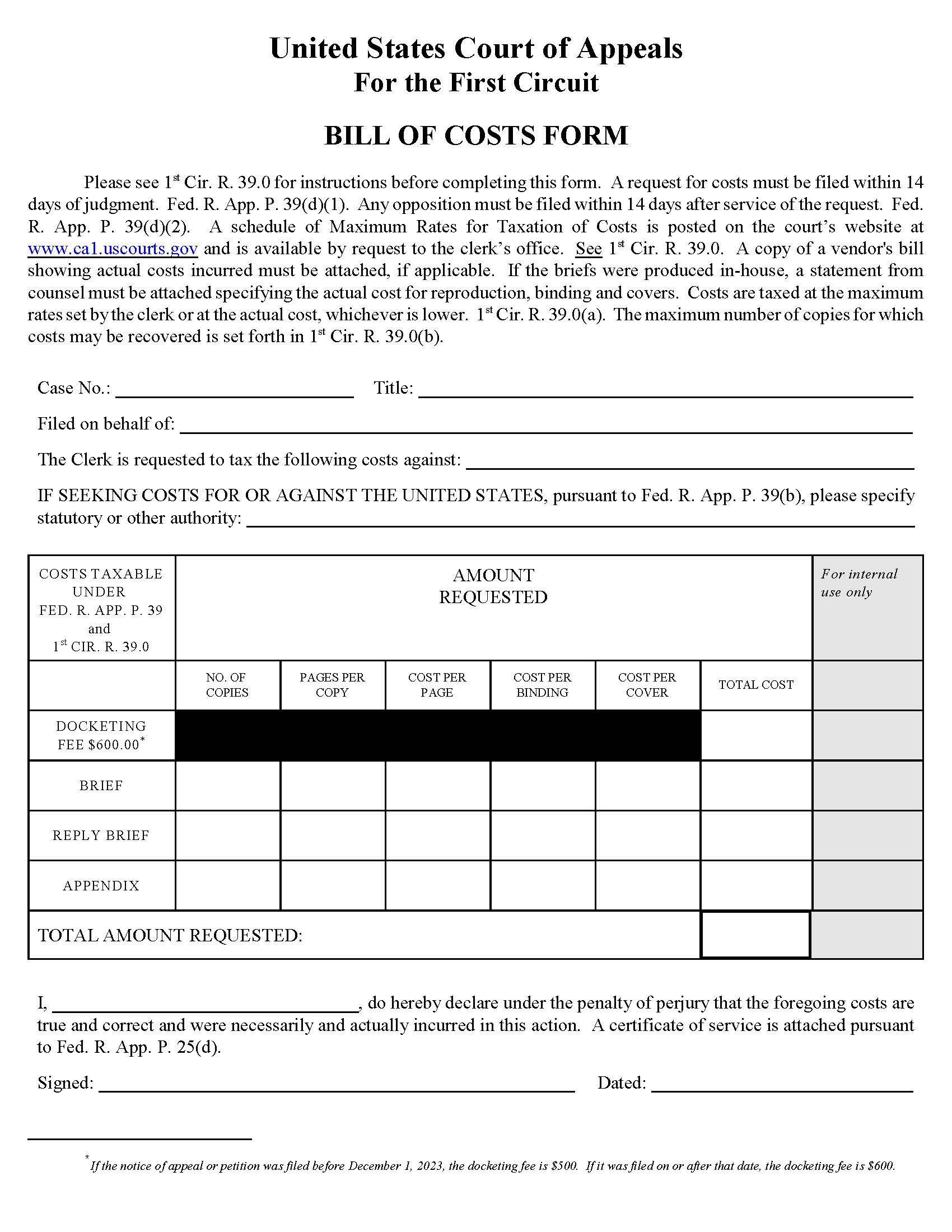 Bill Of Costs Form | Pdf Fpdf Doc Docx | Official Federal Forms