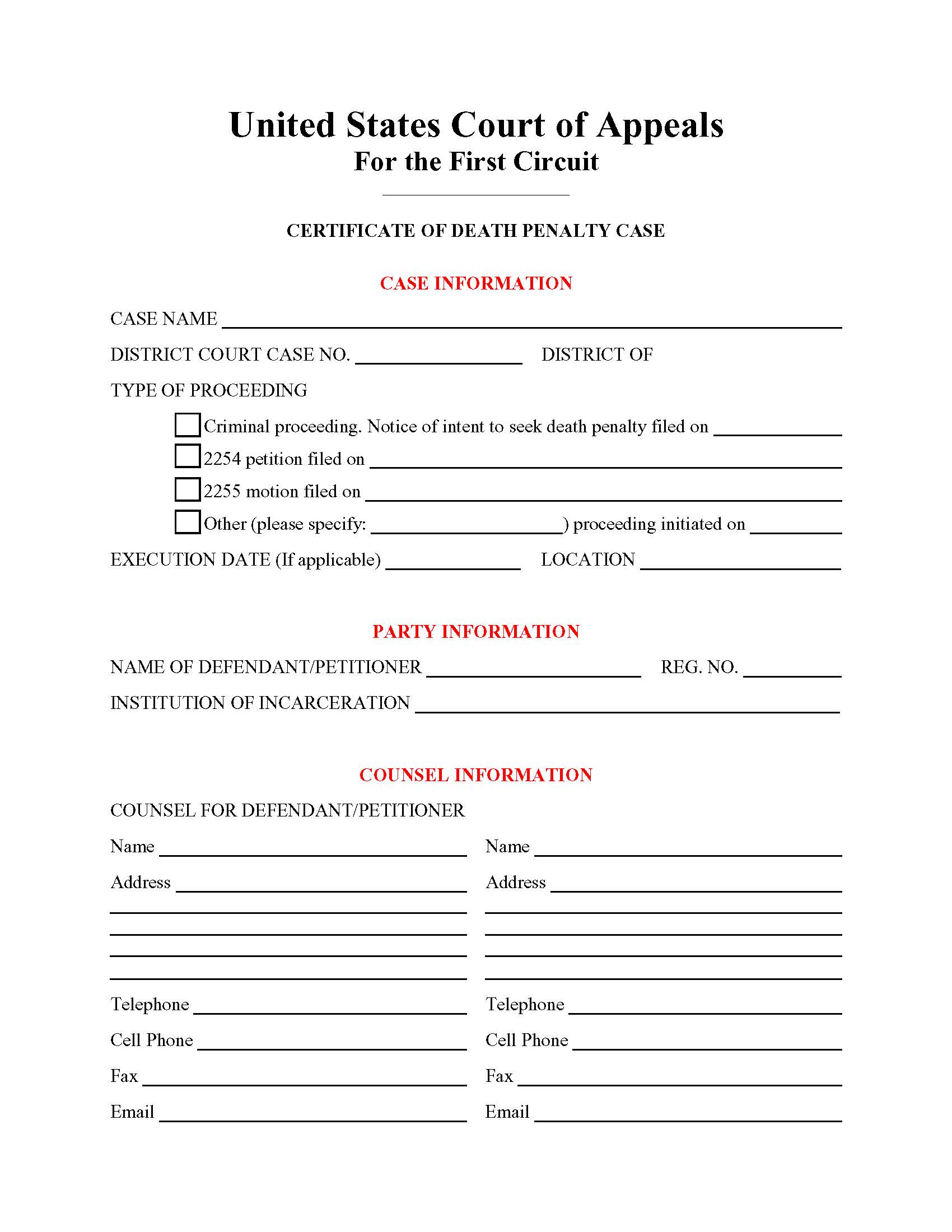 Certificate Of Death Penalty Case | Pdf Fpdf Doc Docx | Official Federal Forms