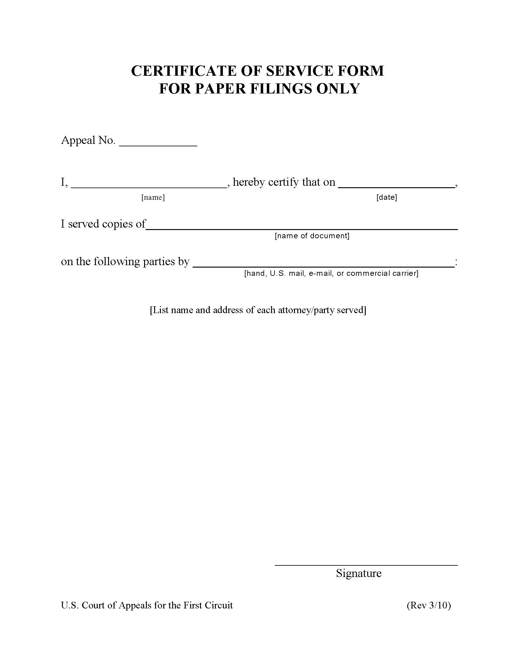 Certificate Of Service For Paper Filings Only | Pdf Fpdf Doc Docx | Official Federal Forms