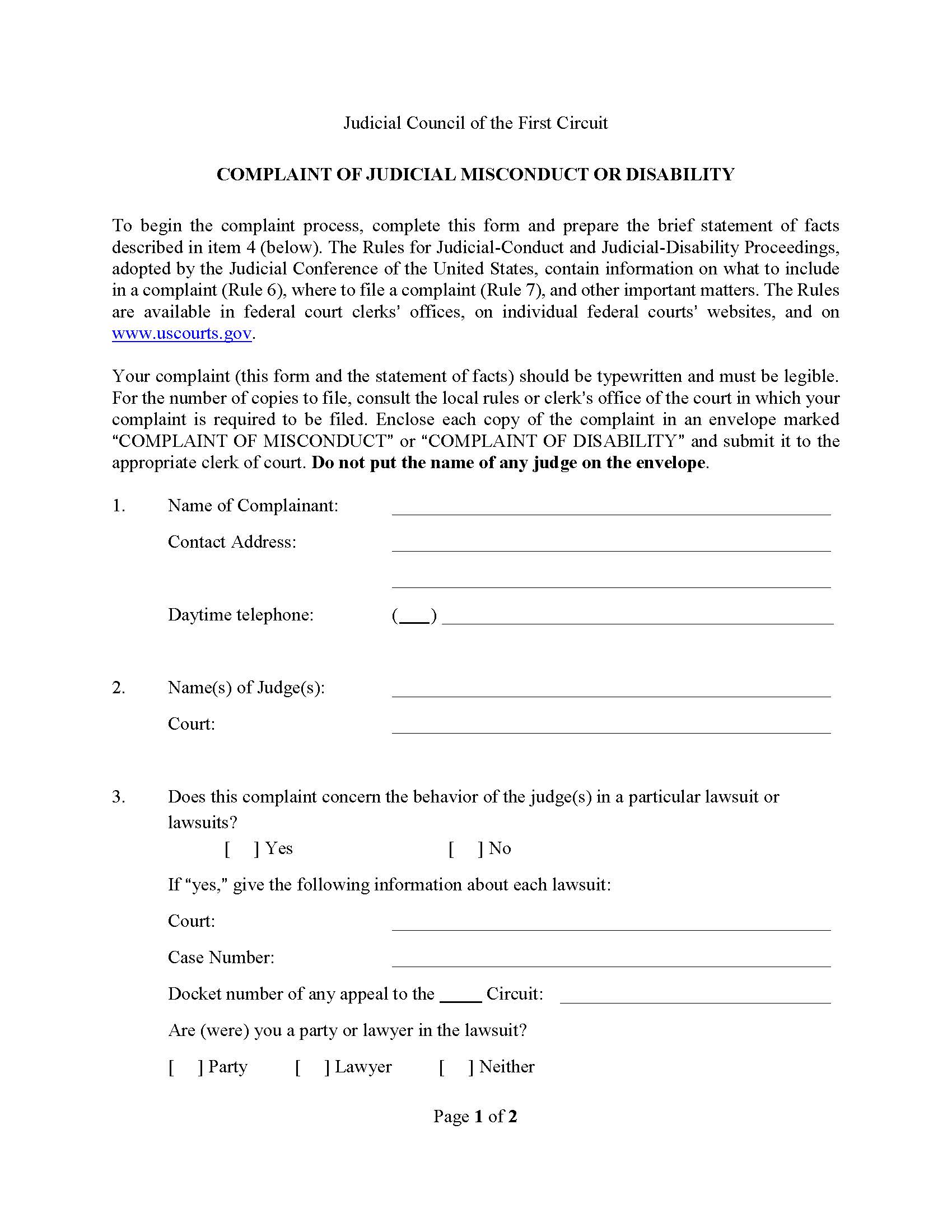 Complaint Of Judicial Misconduct Or Disability | Pdf Fpdf Doc Docx | Official Federal Forms