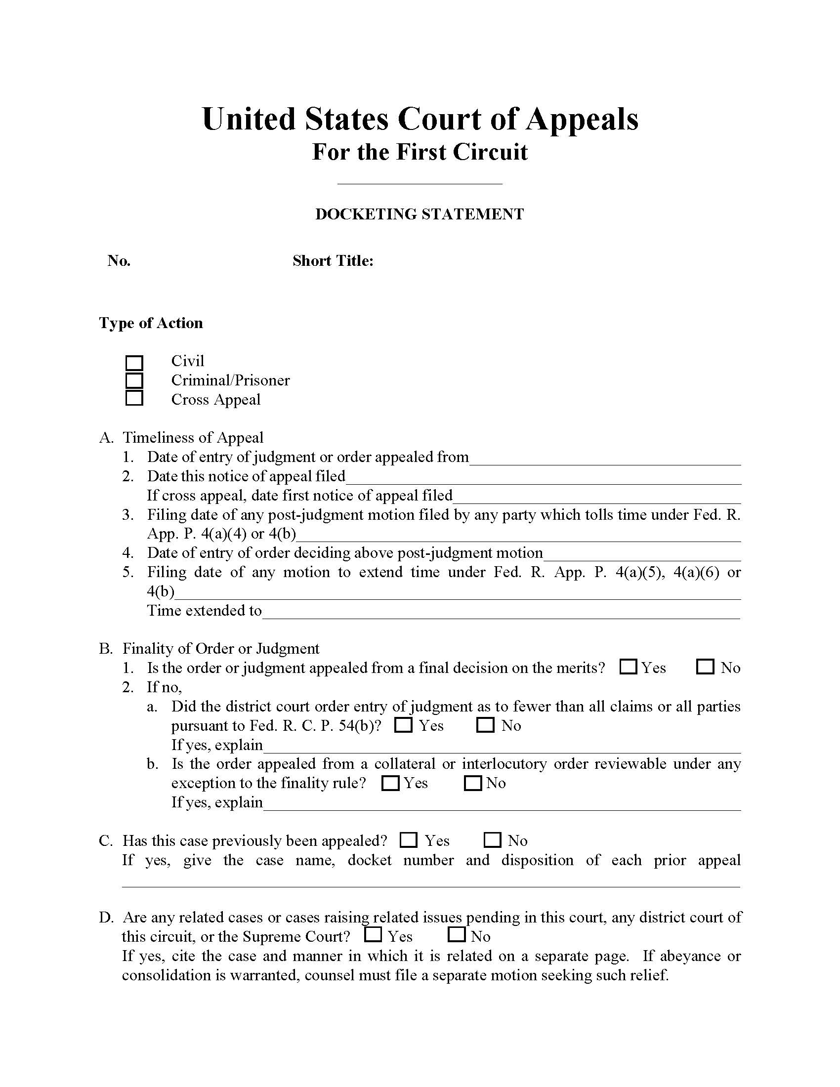 Docketing Statement | Pdf Fpdf Doc Docx | Official Federal Forms