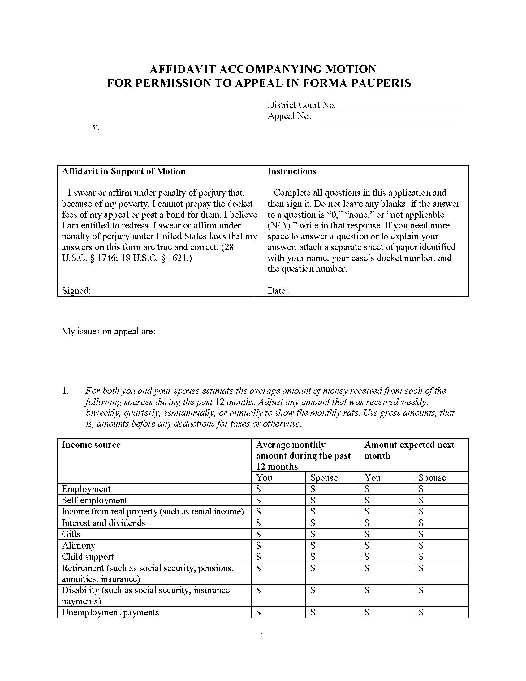 Financial Affidavit To Accompany Motion For Leave To Appeal In Forma Pauperis | Pdf Fpdf Doc Docx | Official Federal Forms