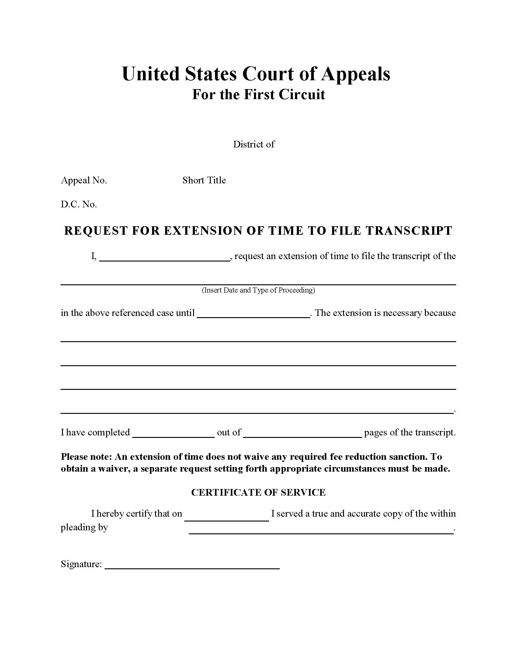 Request For Exention Of Time To File Transcript | Pdf Fpdf Doc Docx | Official Federal Forms
