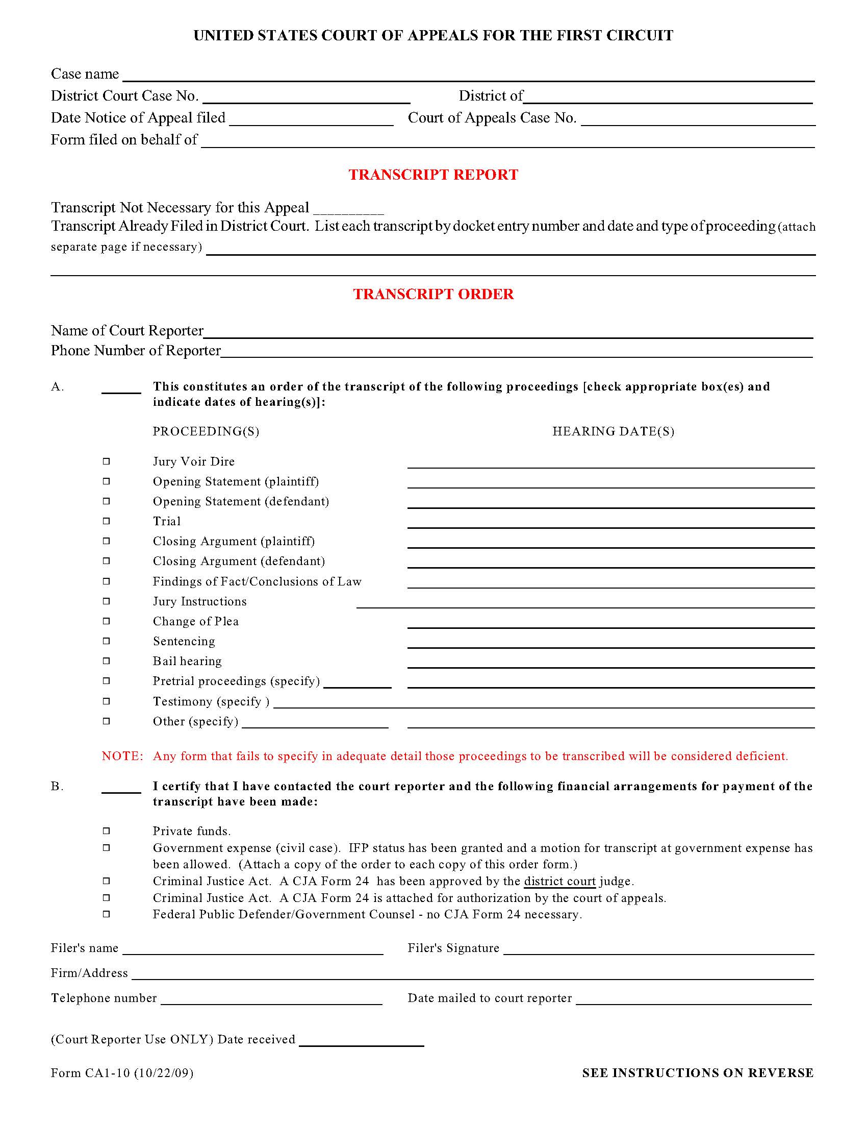 Transcript Report-Order Form {CA 1-10} | Pdf Fpdf Doc Docx | Official Federal Forms
