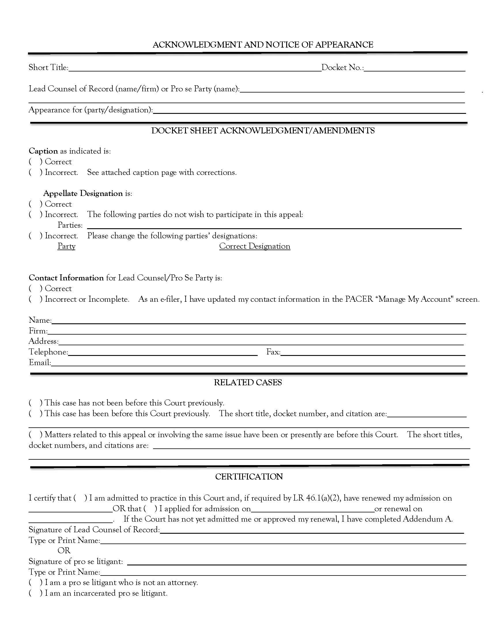 Acknowledgment And Notice Of Appearance | Pdf Fpdf Doc Docx | Official Federal Forms