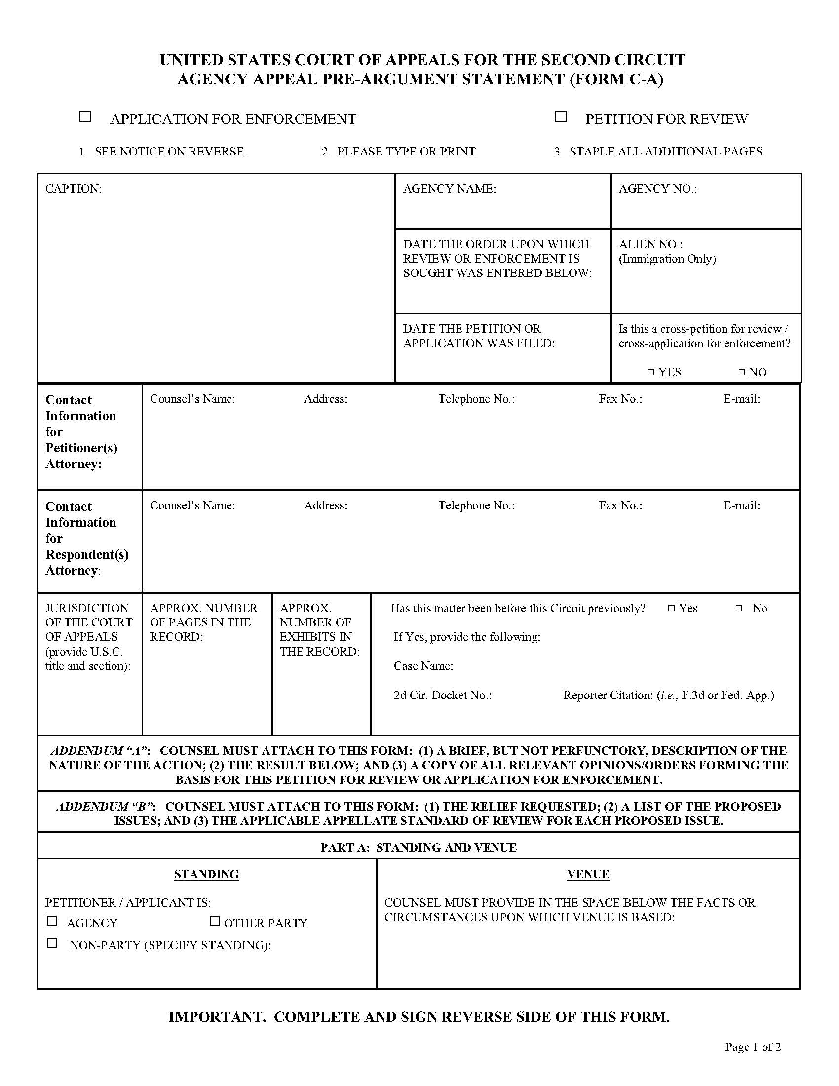 Agency Appeal Pre-Argument Statement (Form C-A) {C-A} | Pdf Fpdf Doc Docx | Official Federal Forms