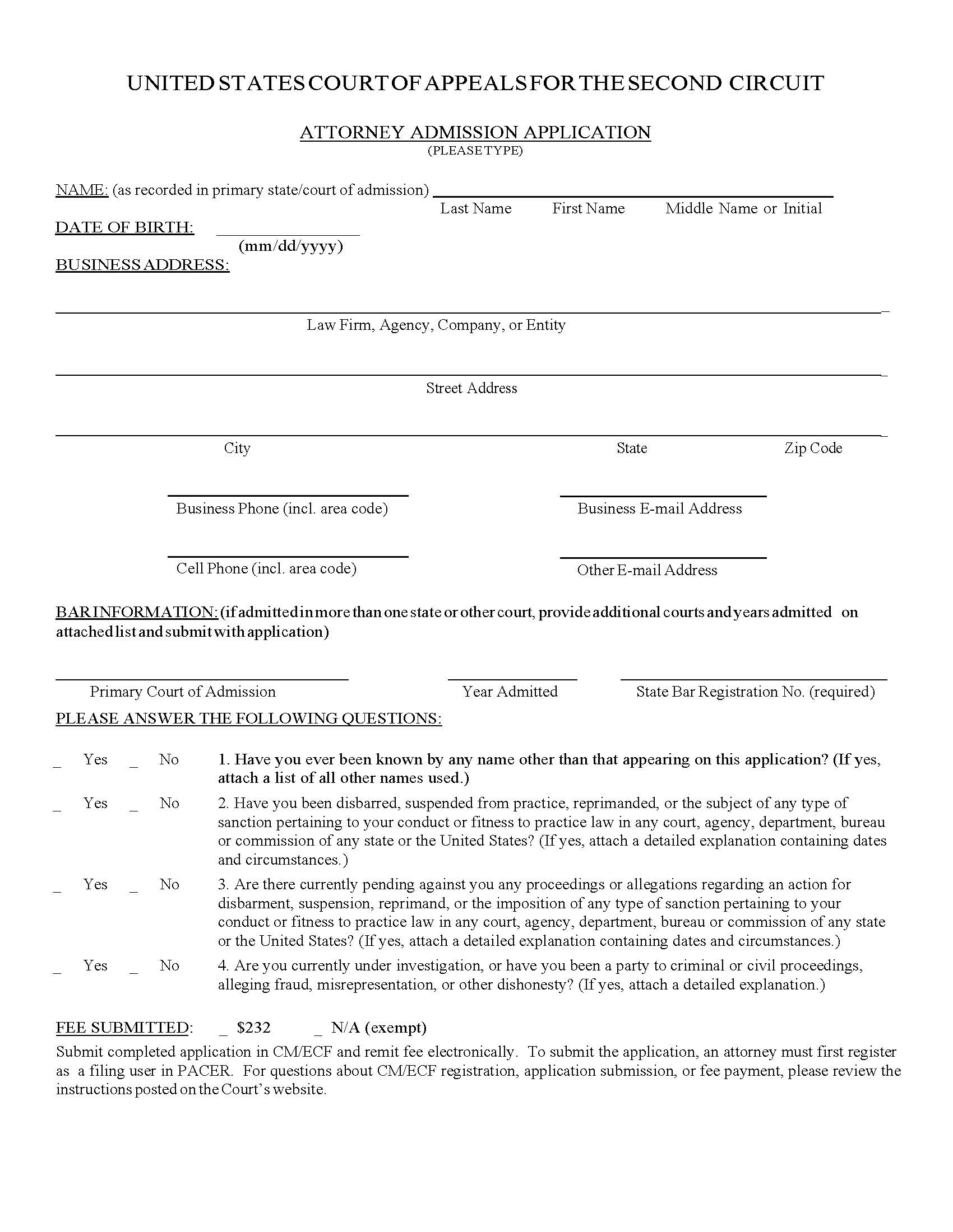 Attorney Admission Application (Second Circuit COA) | Pdf Fpdf Doc Docx | Official Federal Forms