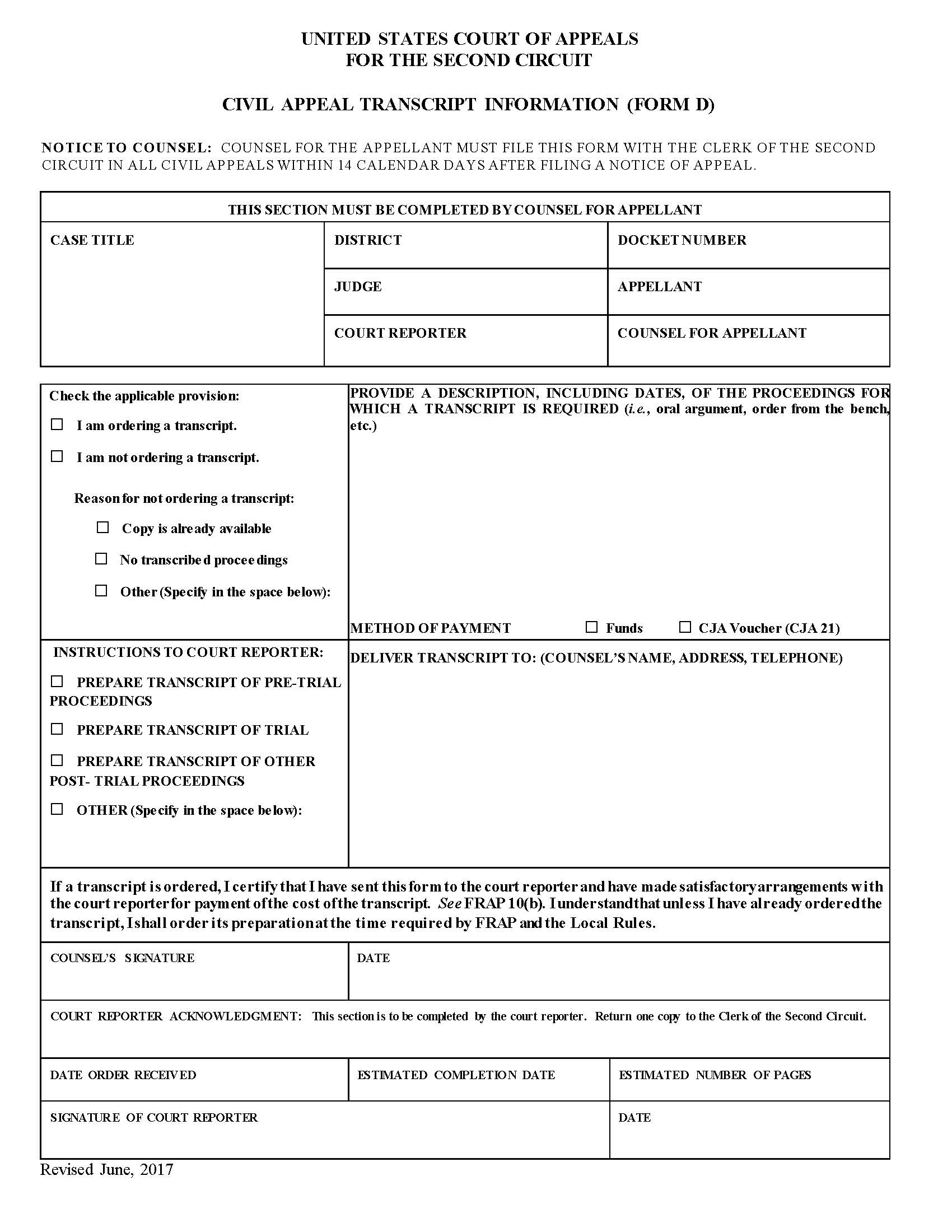 Civil Appeal Transcript Information (Form D) {D} | Pdf Fpdf Doc Docx | Official Federal Forms